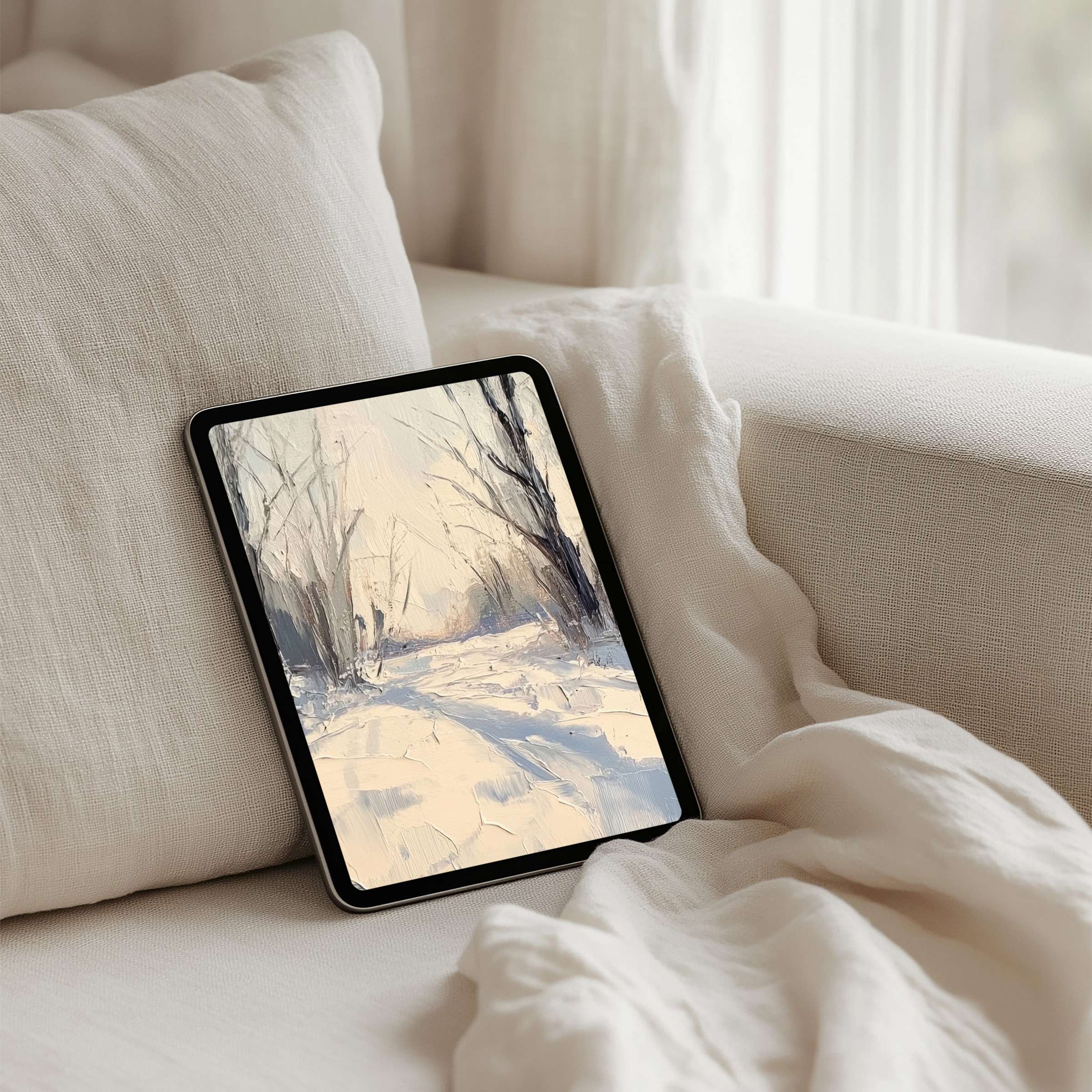 Serene winter landscape on iPad background for instant download inspiring calm elegance on any tablet setting