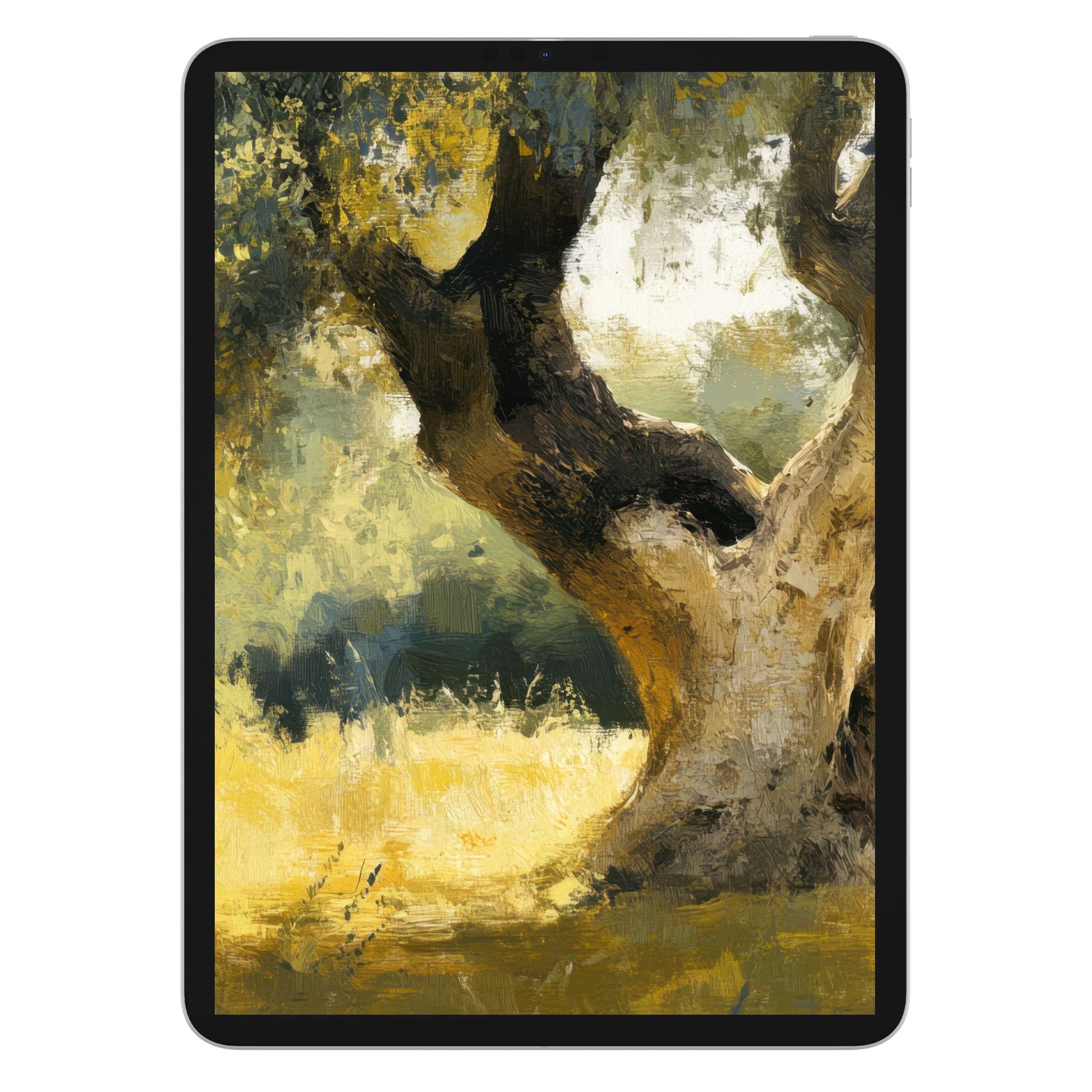Elegant tree iPad wallpaper showcasing a serene landscape painting, perfect digital download for tablet backgrounds promoting peace and sustainability