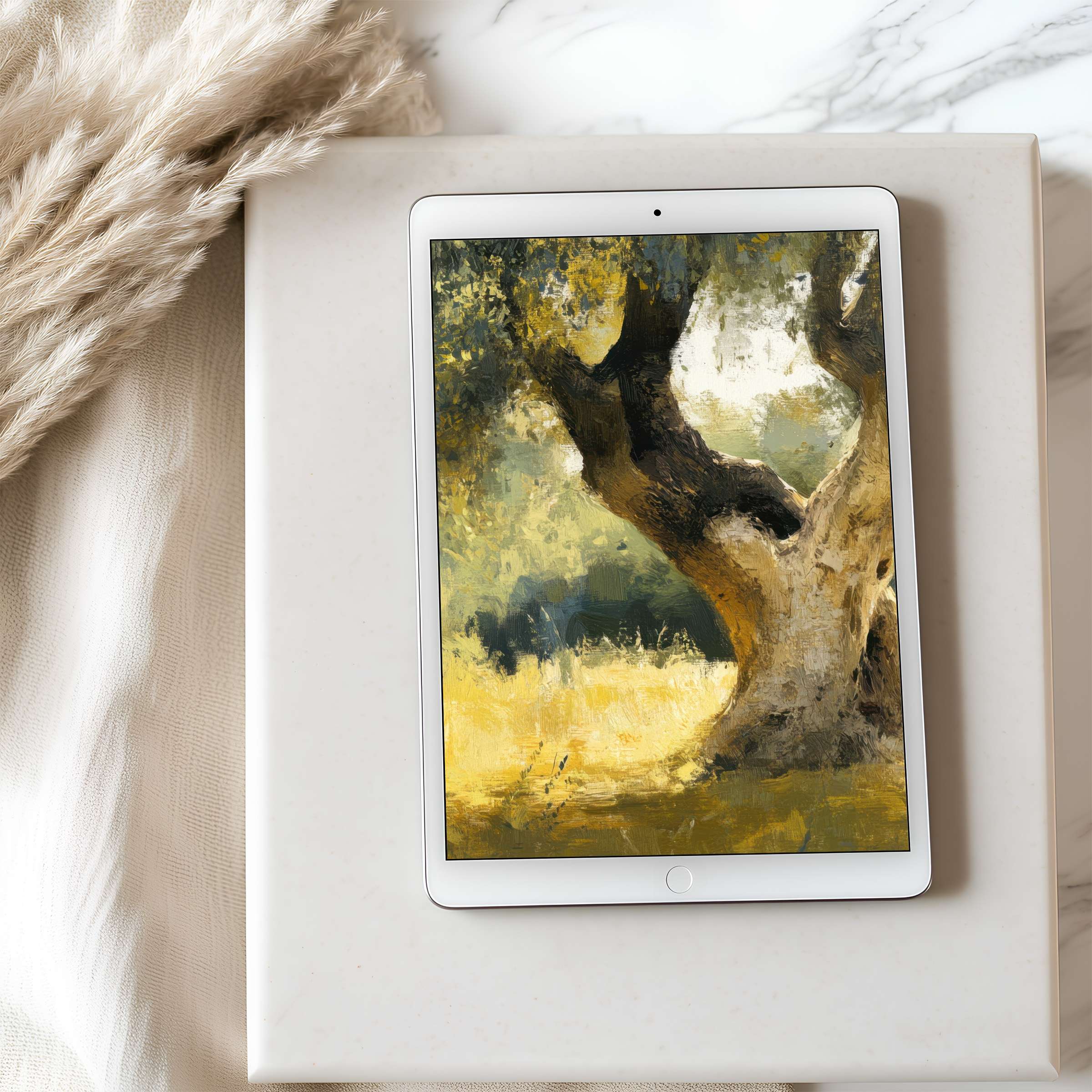Elegant tablet wallpaper featuring a serene, impressionistic tree in soft yellows and greens, perfect for high resolution iPads and Android tablets