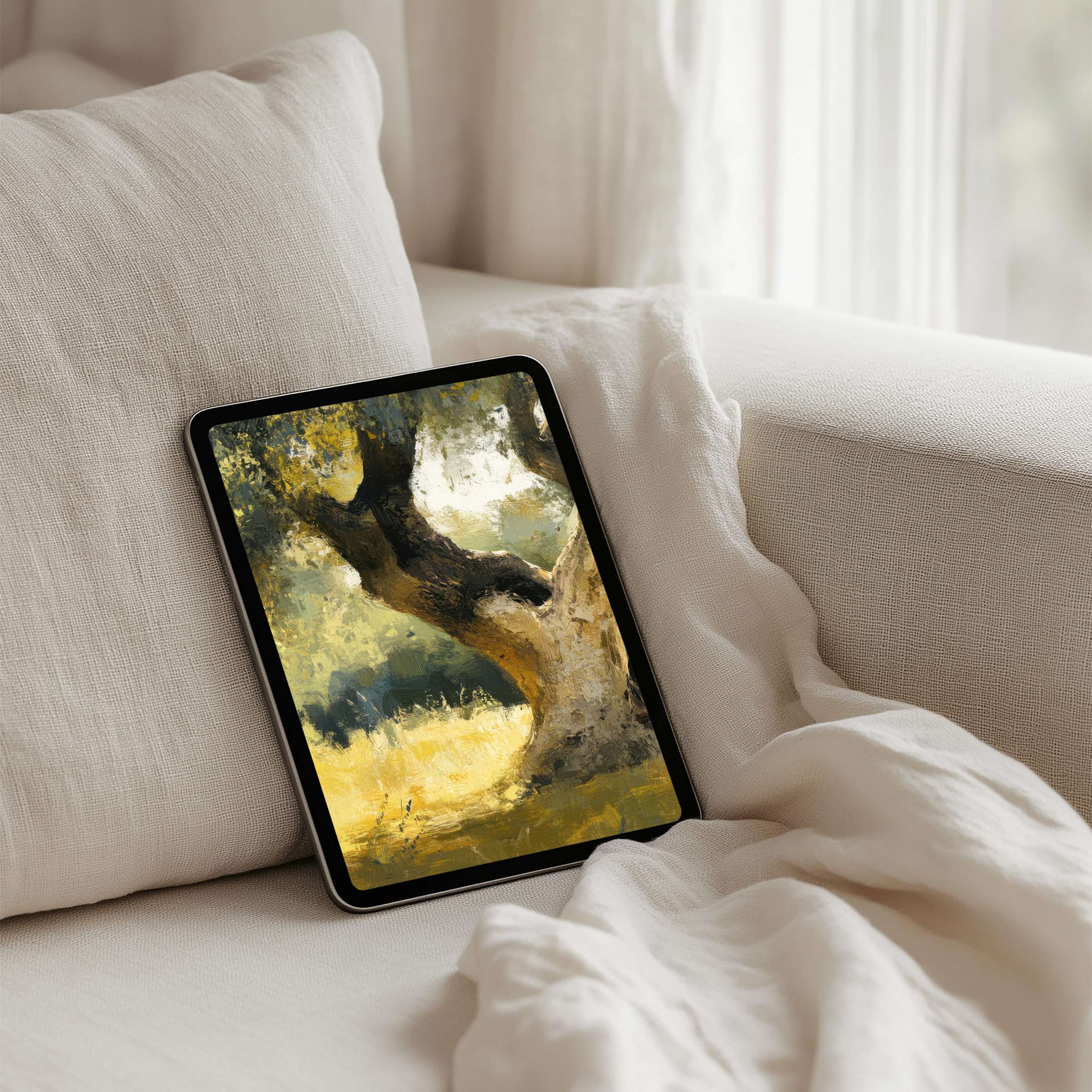 Elegant iPad background with a serene landscape painting for tablets, offering calm inspiration and instant download appeal