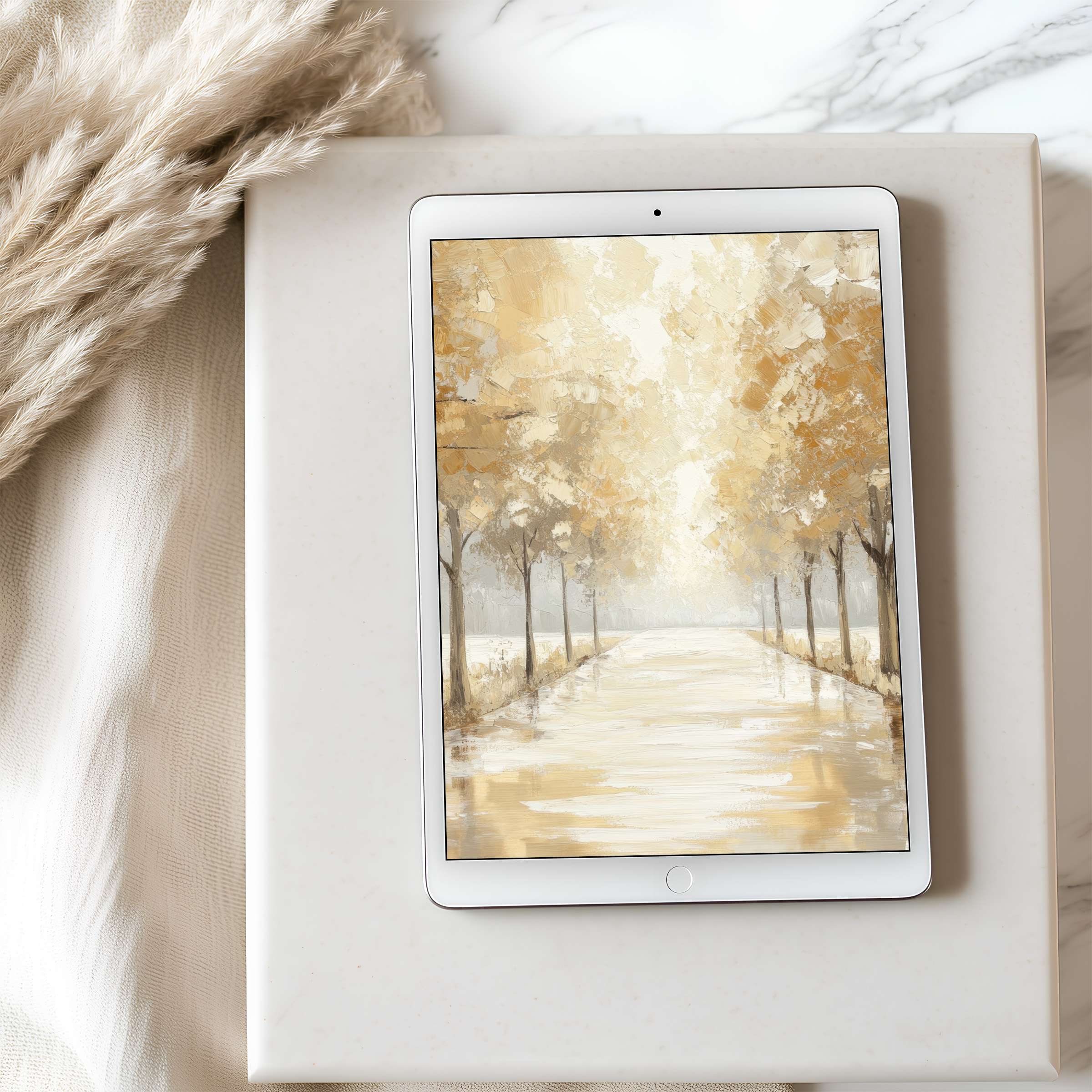 Elegant tablet wallpaper featuring serene golden autumn pathway artwork, perfect for high-resolution iPad and Android tablets, calming download