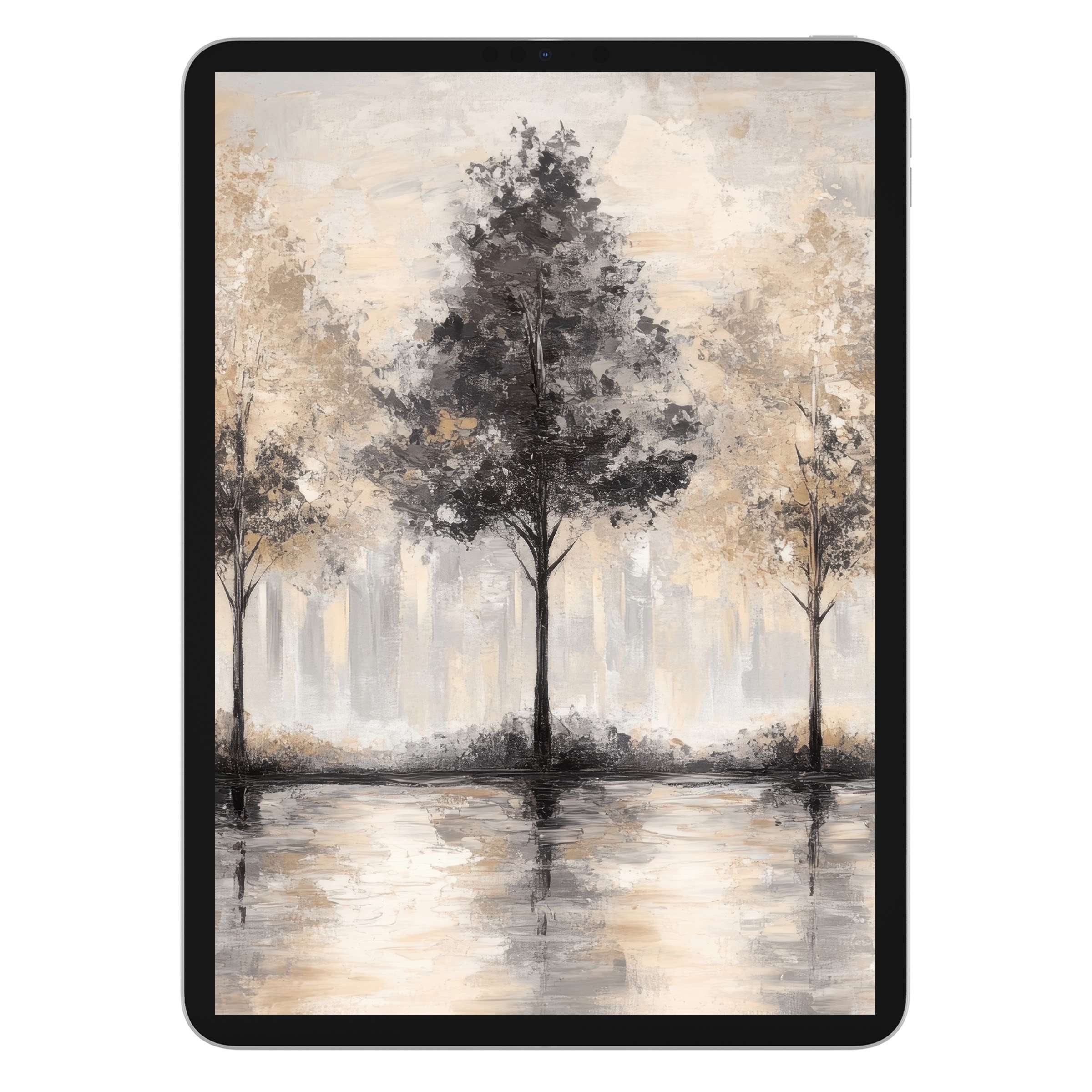 Calming tree iPad wallpaper with elegant neutral tones reflects tranquil beauty, perfect tablet background digital download for serenity seekers
