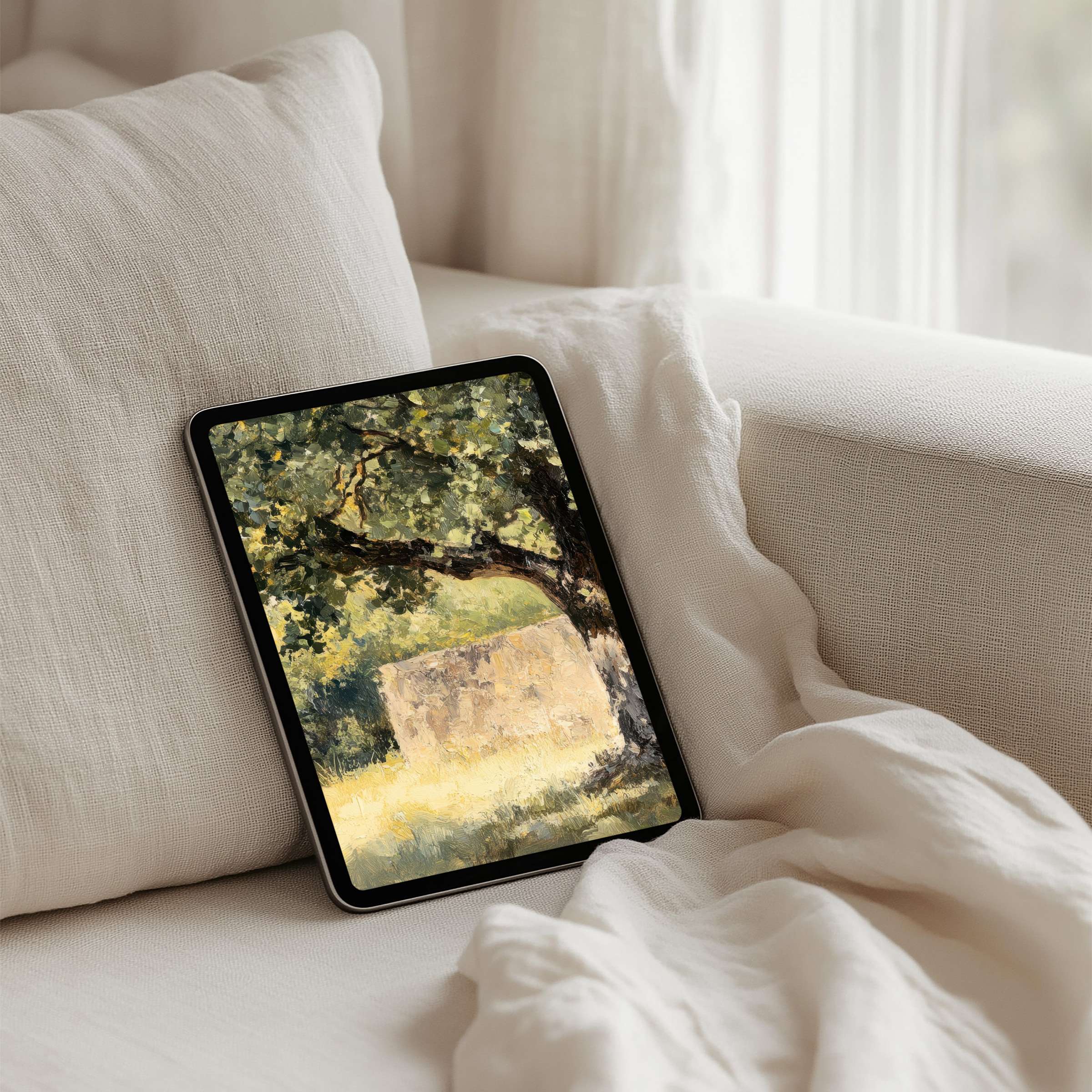 Serene iPad background art with a tranquil tree in sunlight for an elegant look on any tablet available for instant download