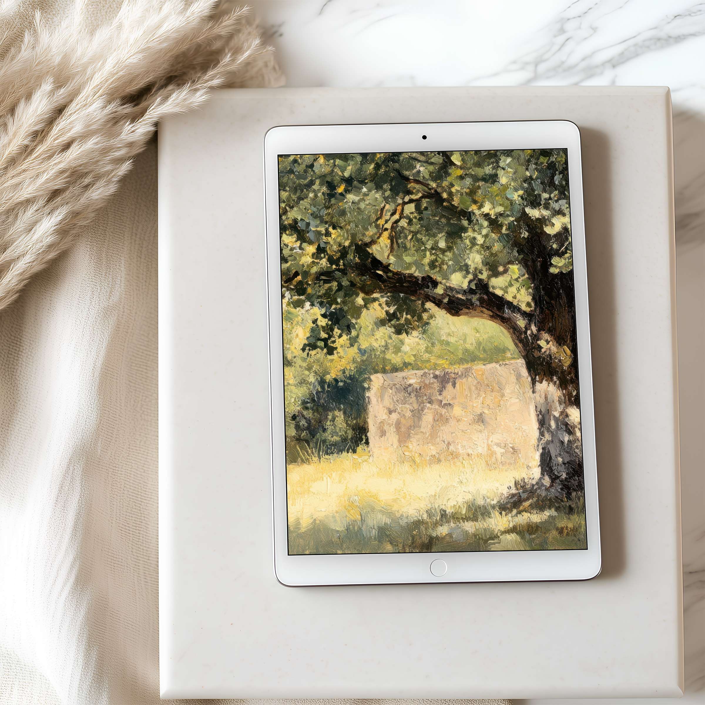 Elegant tablet wallpaper featuring serene landscape art in earthy tones, perfect for iPad or Android download to enhance calm decor