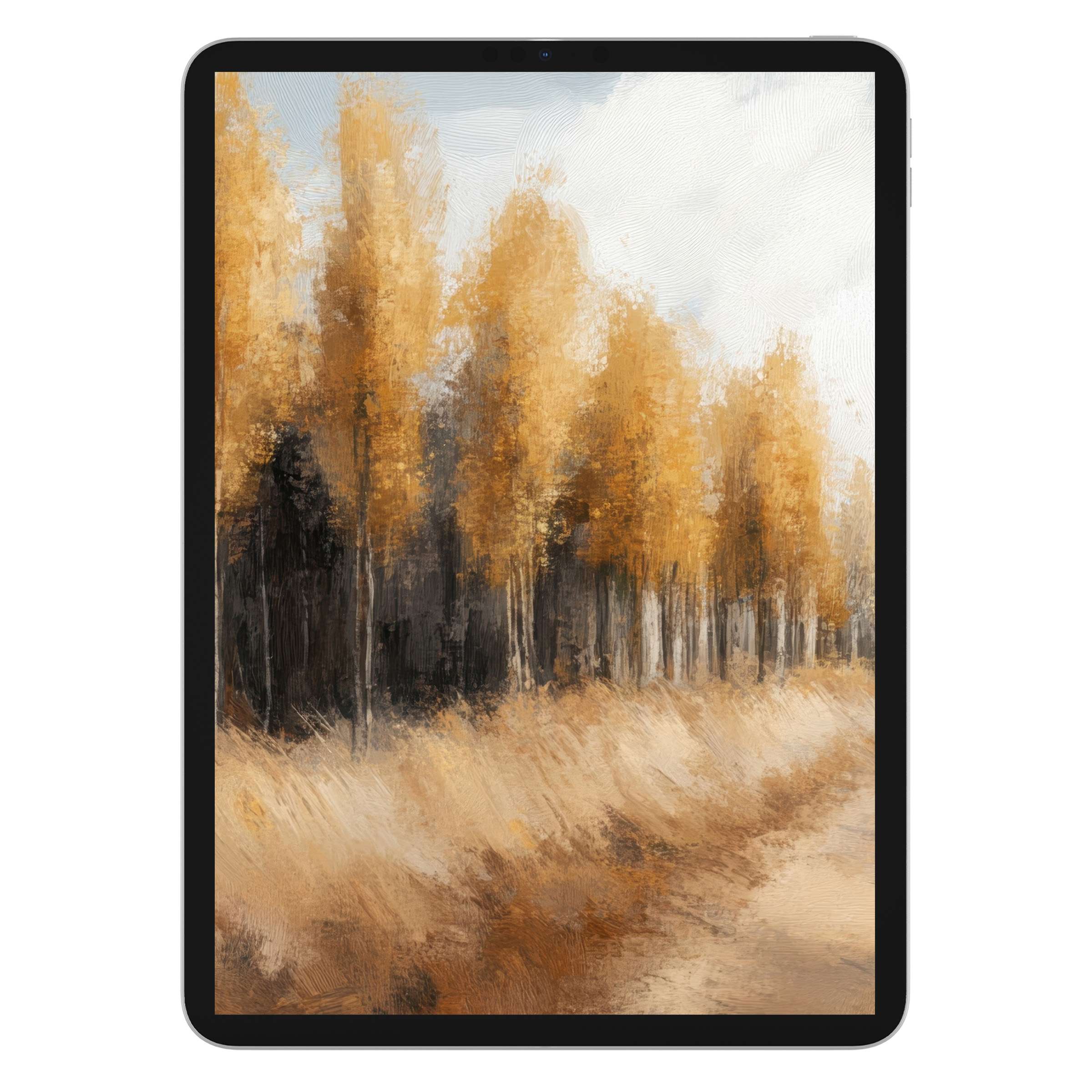 Golden autumn landscape painting as tree iPad wallpaper for tablet background digital download offers warmth and tranquility