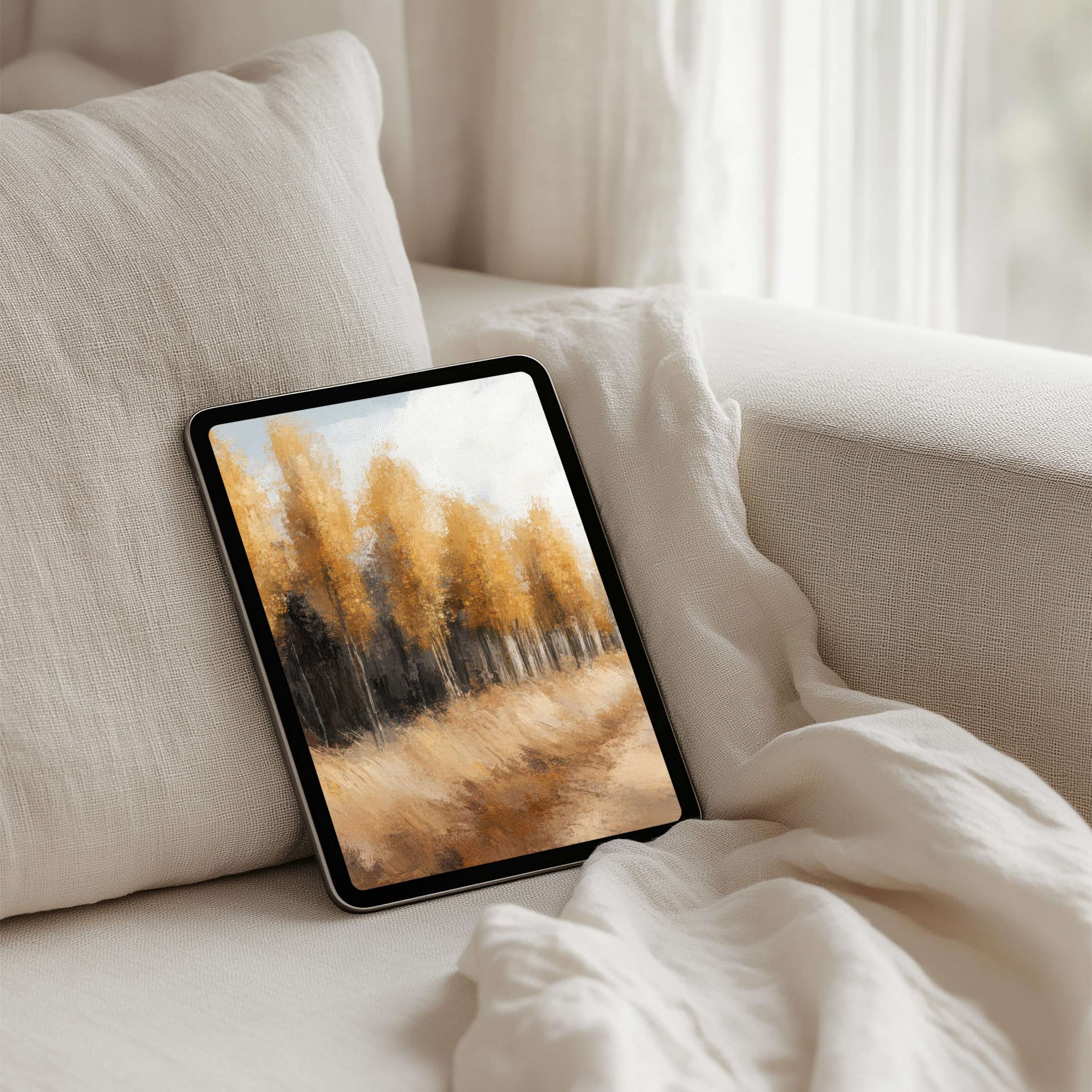 Elegant tablet iPad background art featuring serene autumn landscape in warm tones for instant download to inspire calm mindfulness