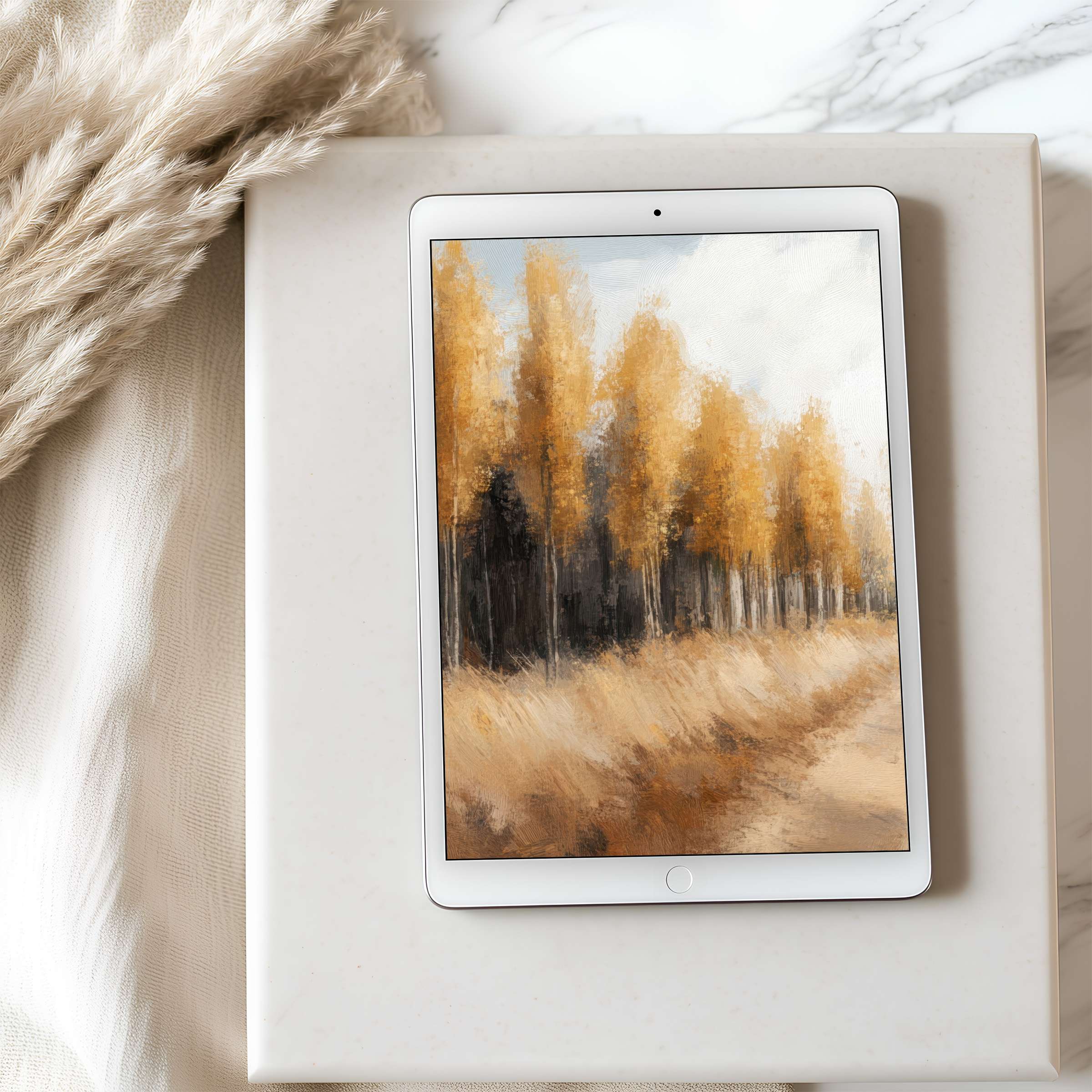 Elegant tablet wallpaper featuring serene golden autumn trees against a muted backdrop ideal for iPad high resolution digital download