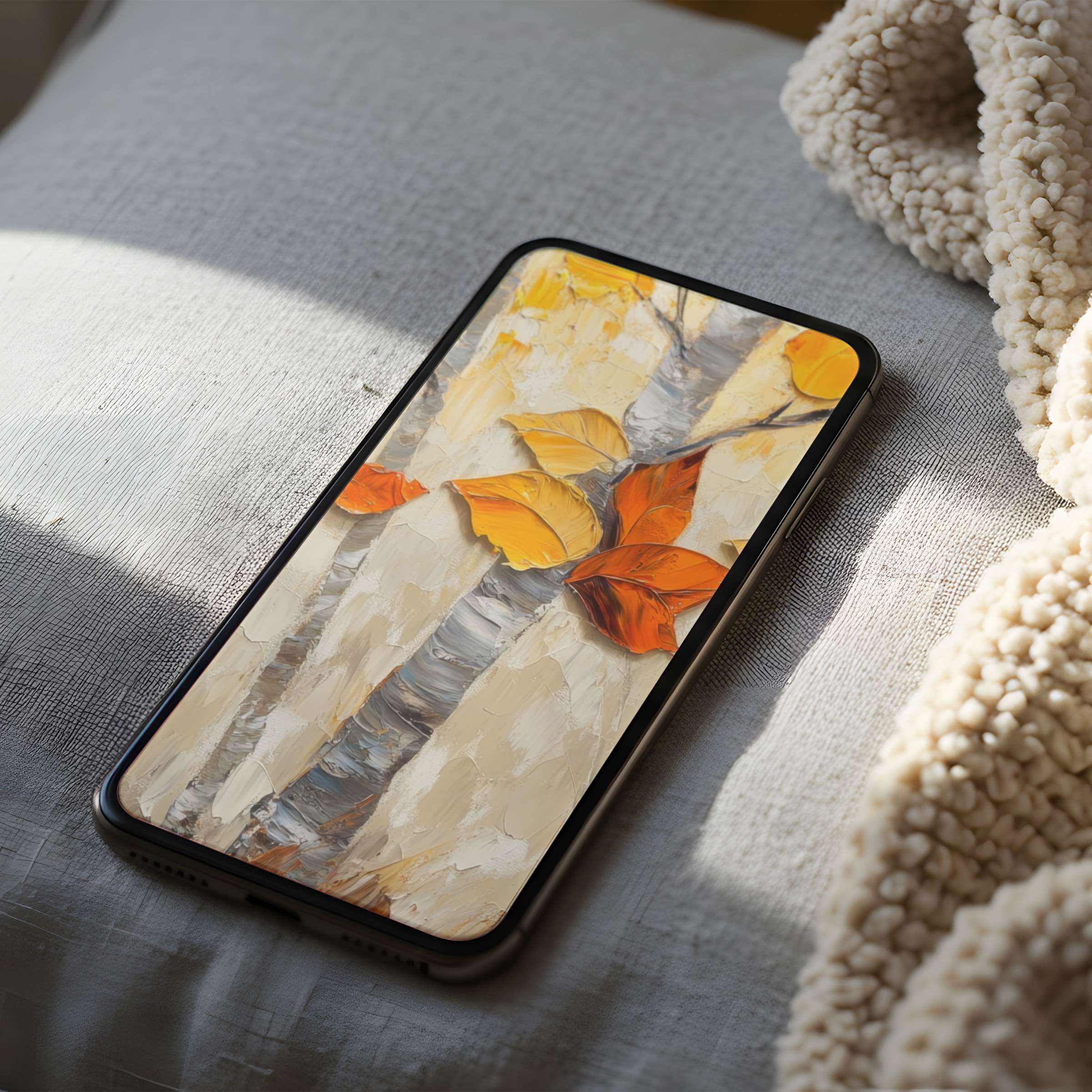 Elegant autumn-themed phone wallpaper featuring vibrant leaves on birch trees, perfect for iPhone and Android digital download, high resolution