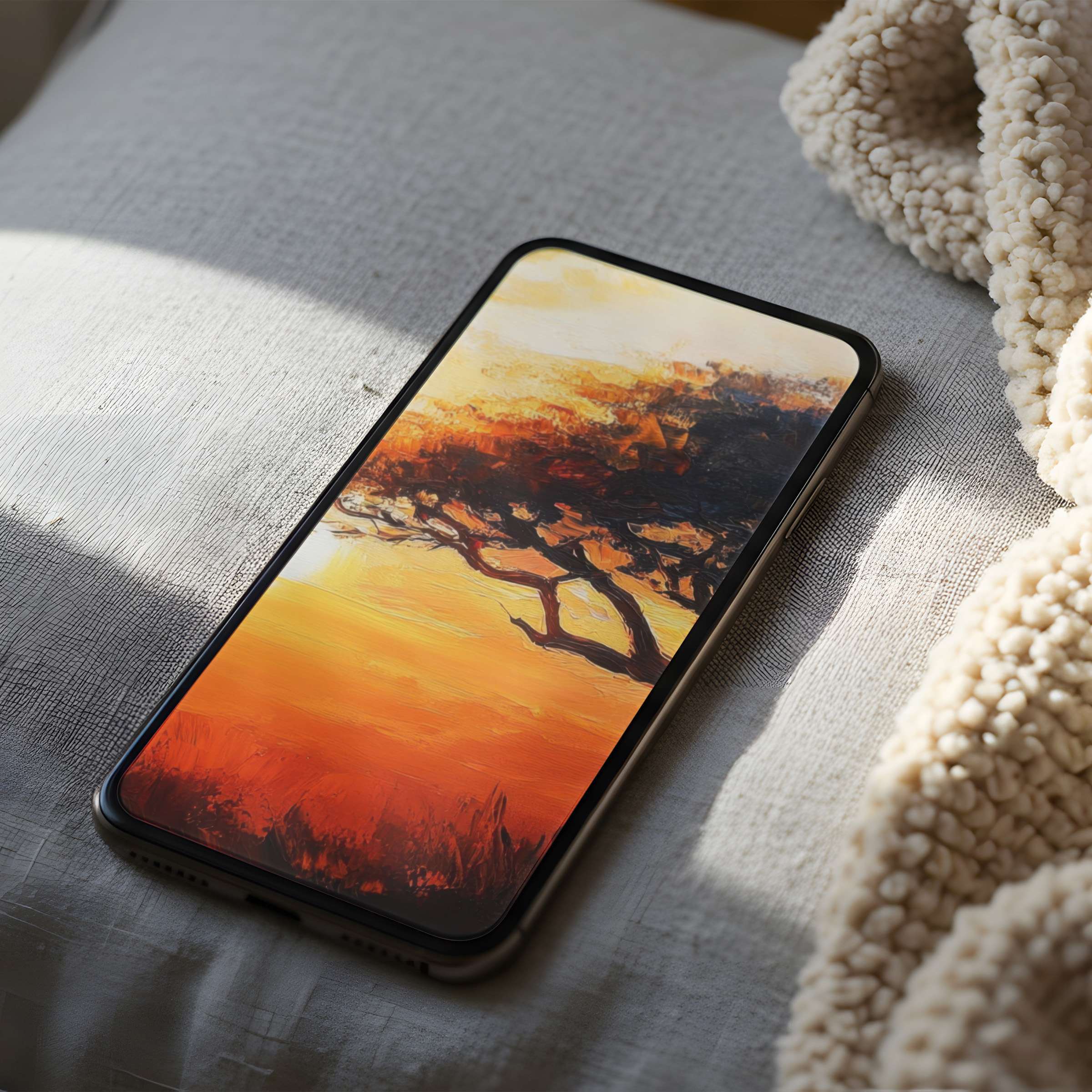 Elegant phone wallpaper featuring a serene sunset with warm hues and a silhouette of a tree suitable for iPhone or Android users