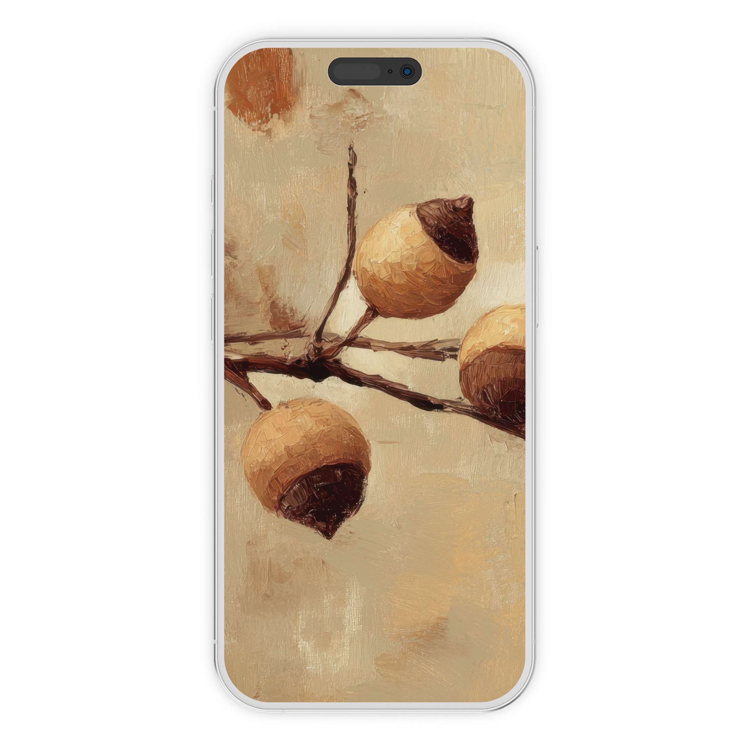 Elegant tree iPhone wallpaper with textured acorn branches offers a calming phone background suitable for digital download users