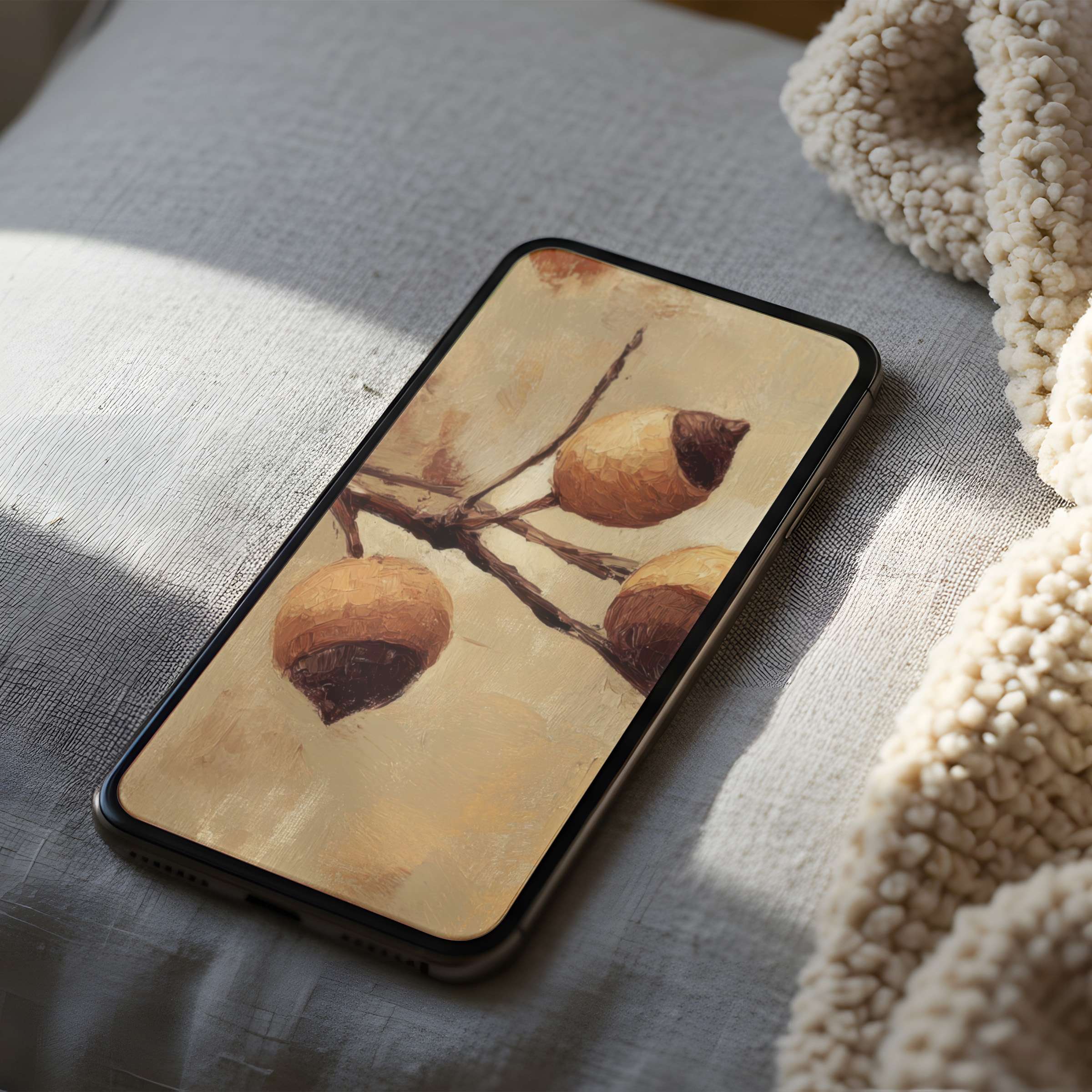 Tranquil acorn art phone wallpaper in high resolution, ideal for iPhone and Android, elevates your space with nature's elegance