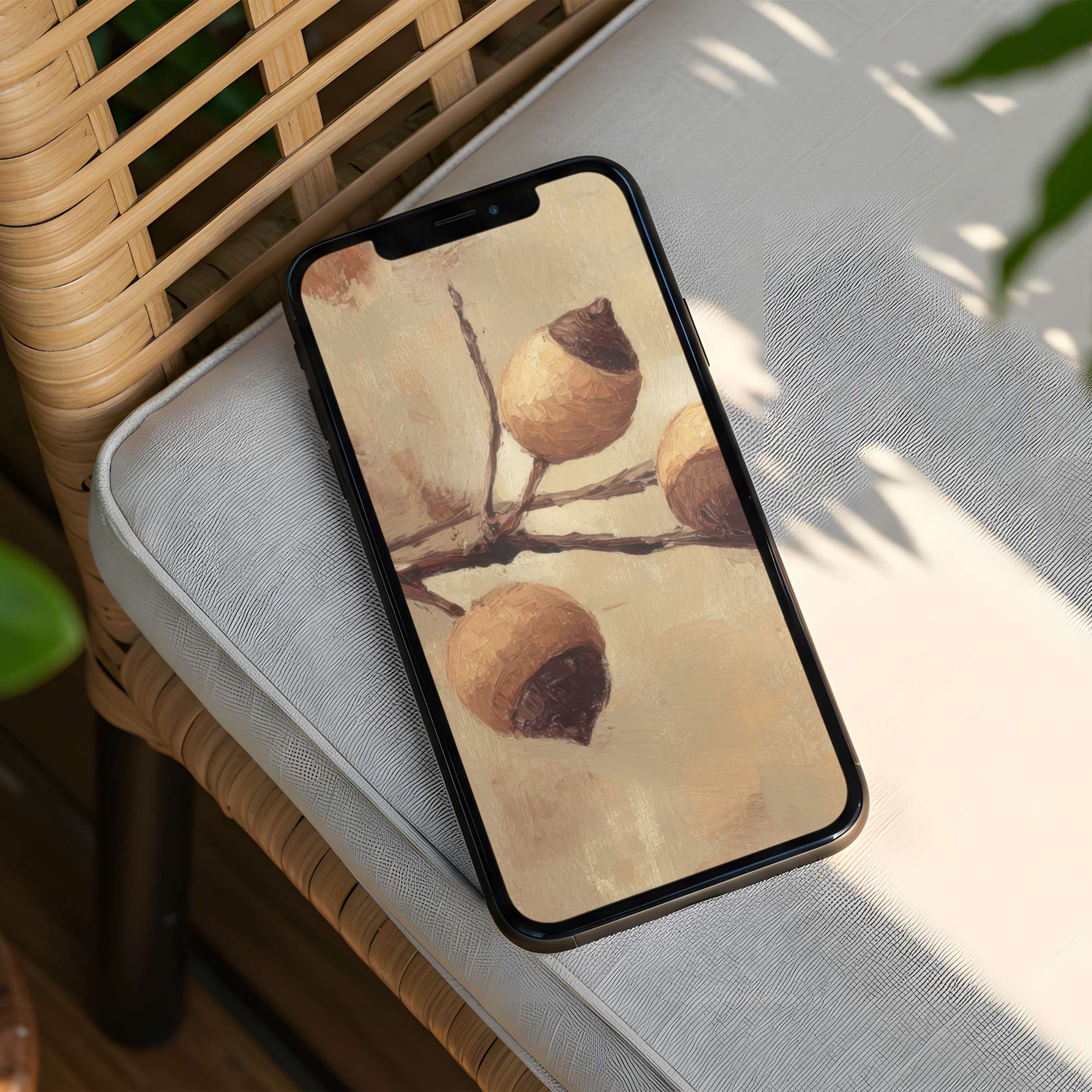 Elegant iPhone background featuring serene acorn art with earthy tones for instant download, enhancing your phone's calm aesthetics