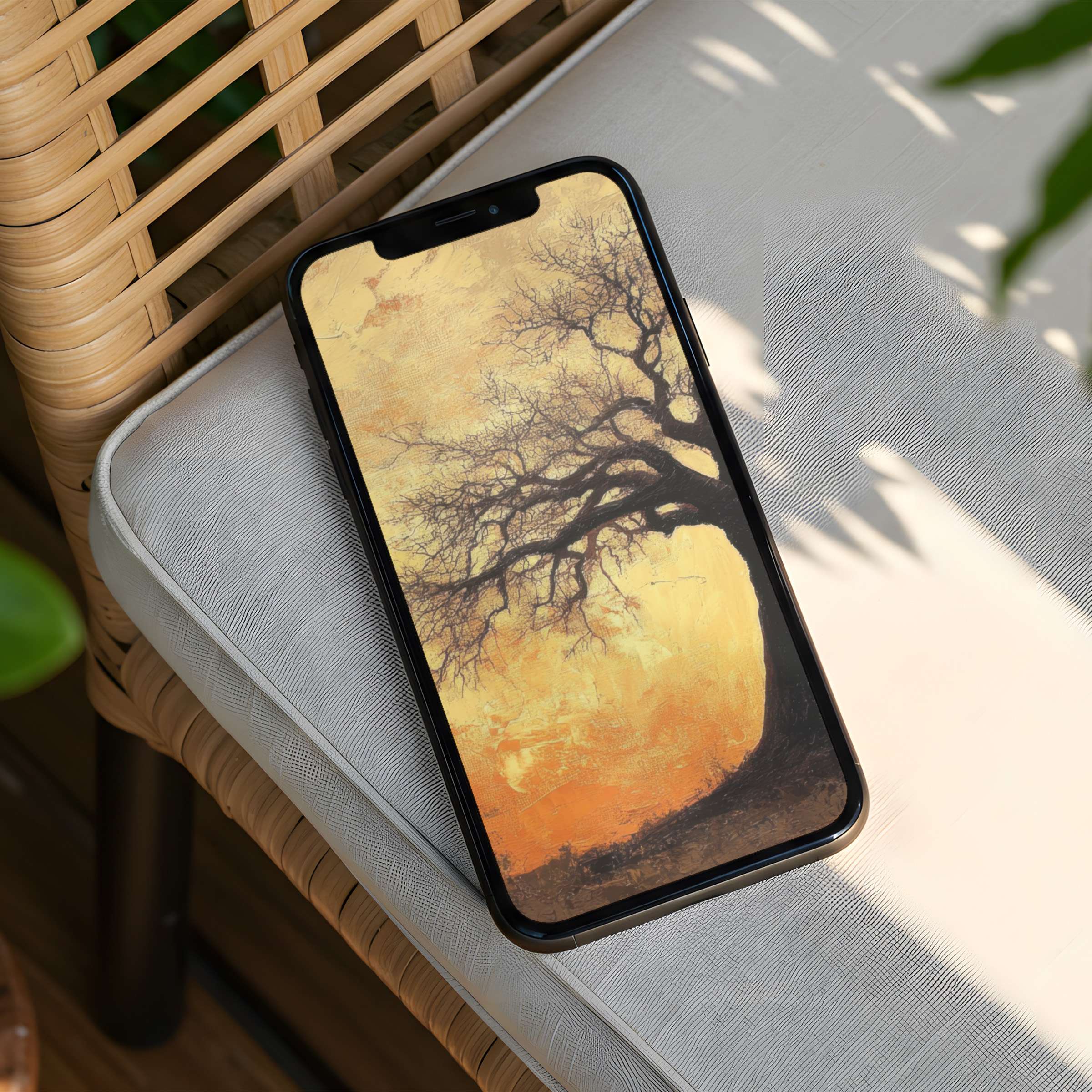Elegant iPhone background with a serene tree silhouette against a warm sunset glow offering instant download for your phone