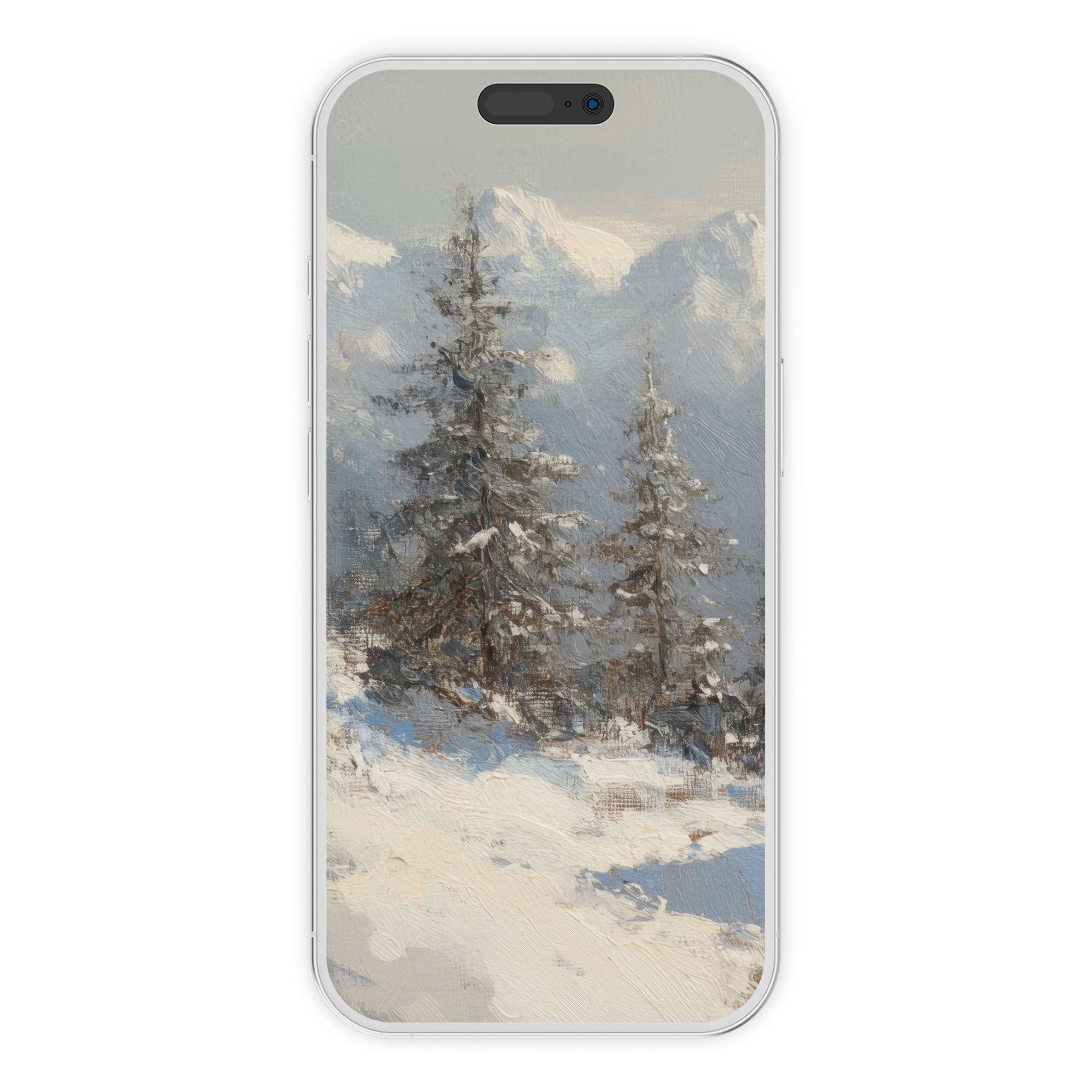 Serene winter landscape tree iPhone wallpaper for your phone background featuring snow-laden trees perfect digital download art