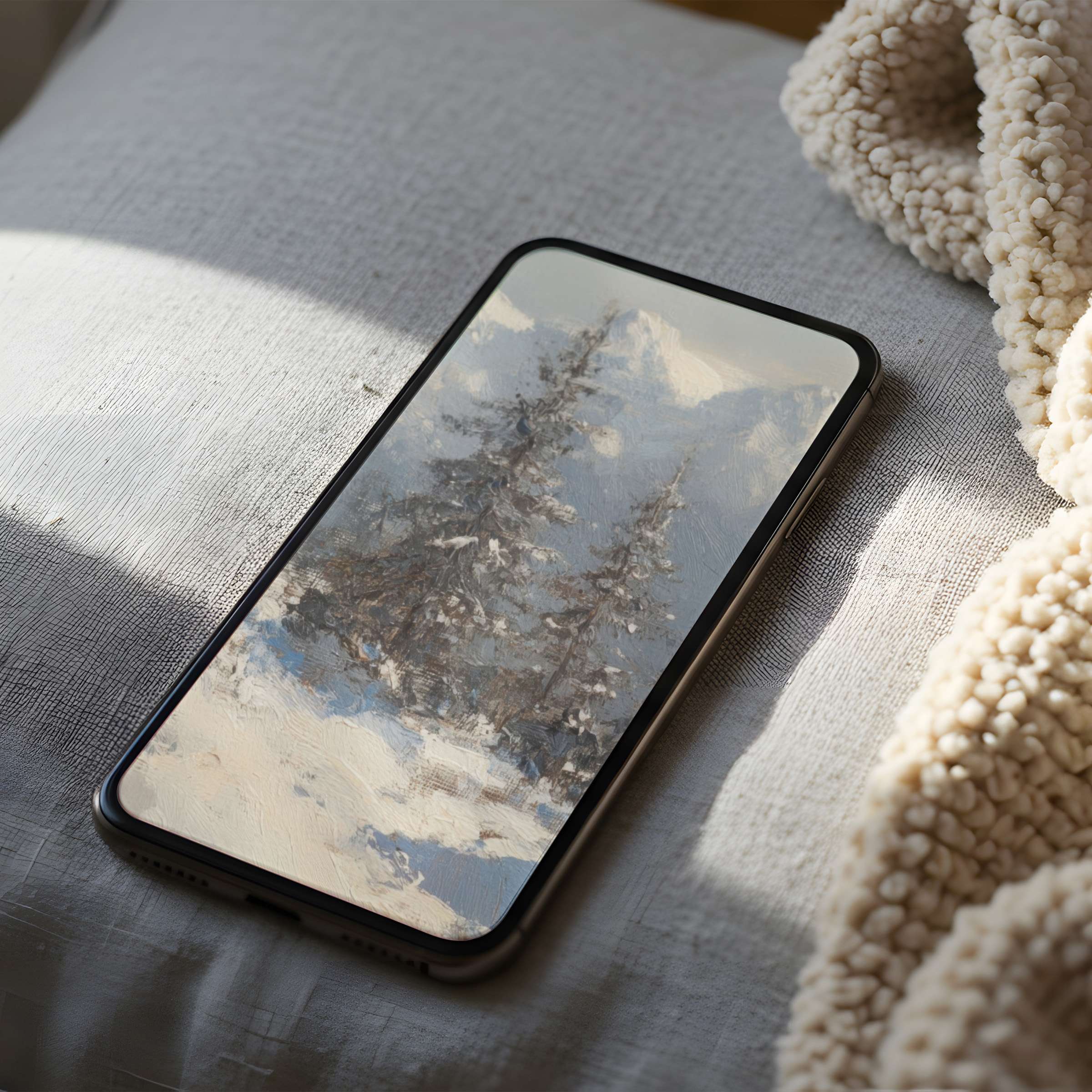 High-resolution phone wallpaper featuring serene snowy trees and mountain landscape in soft tones, perfect for iPhone and Android users seeking tranquility