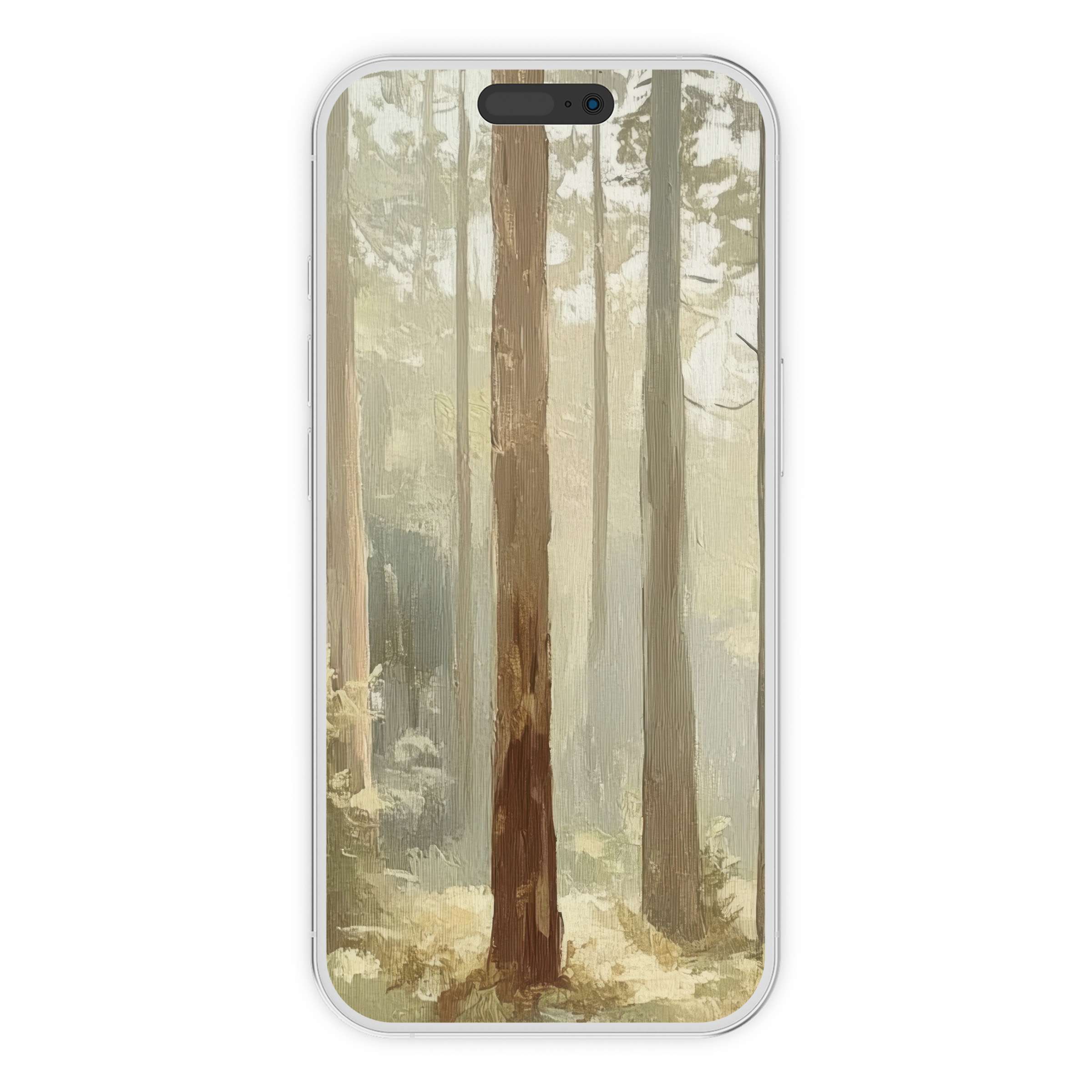 Serene tree iPhone wallpaper featuring misty forest painting, perfect digital download for phone background, eco-friendly and calming