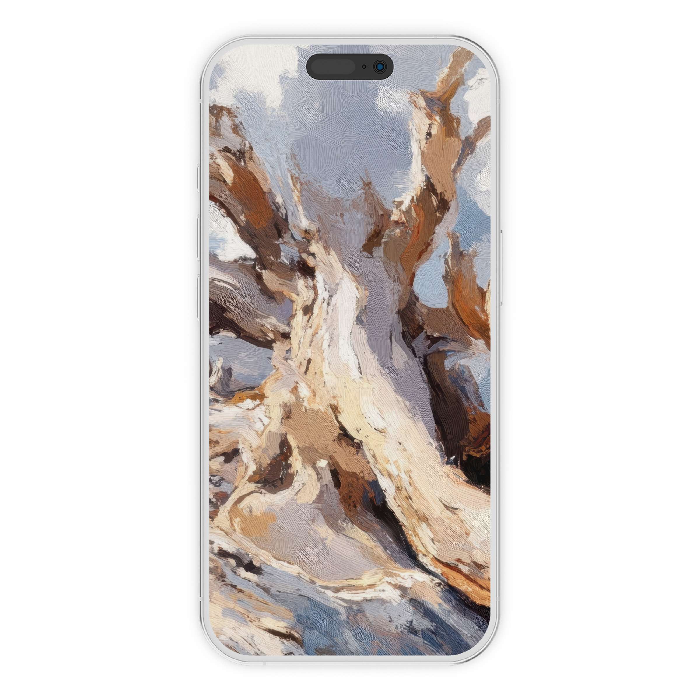 Elegant tree iPhone wallpaper offers a serene phone background with soft earth tones and abstract brush strokes digital download