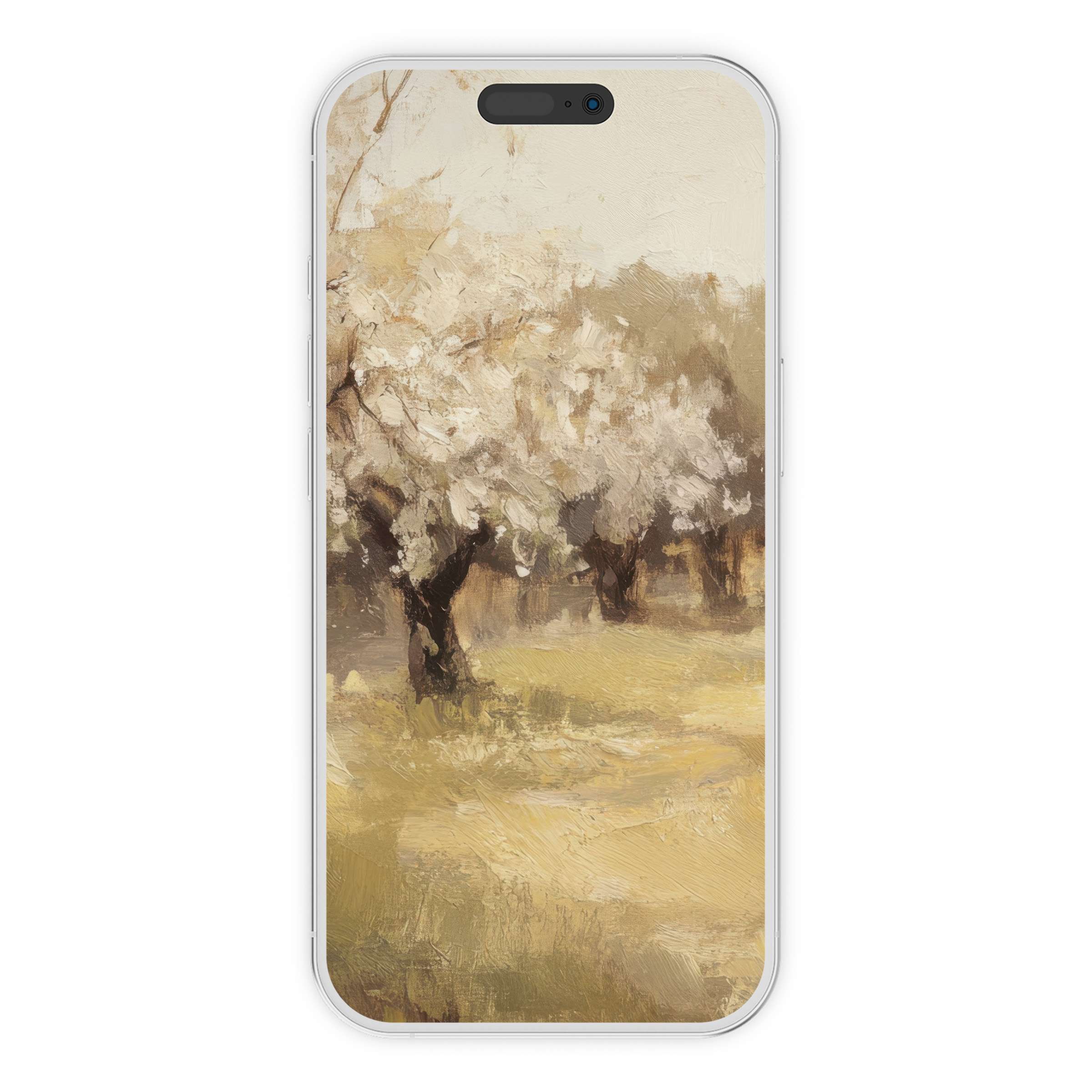 Elegant tree iPhone wallpaper with soft brushstrokes captures serene nature, perfect digital download for phone background lovers