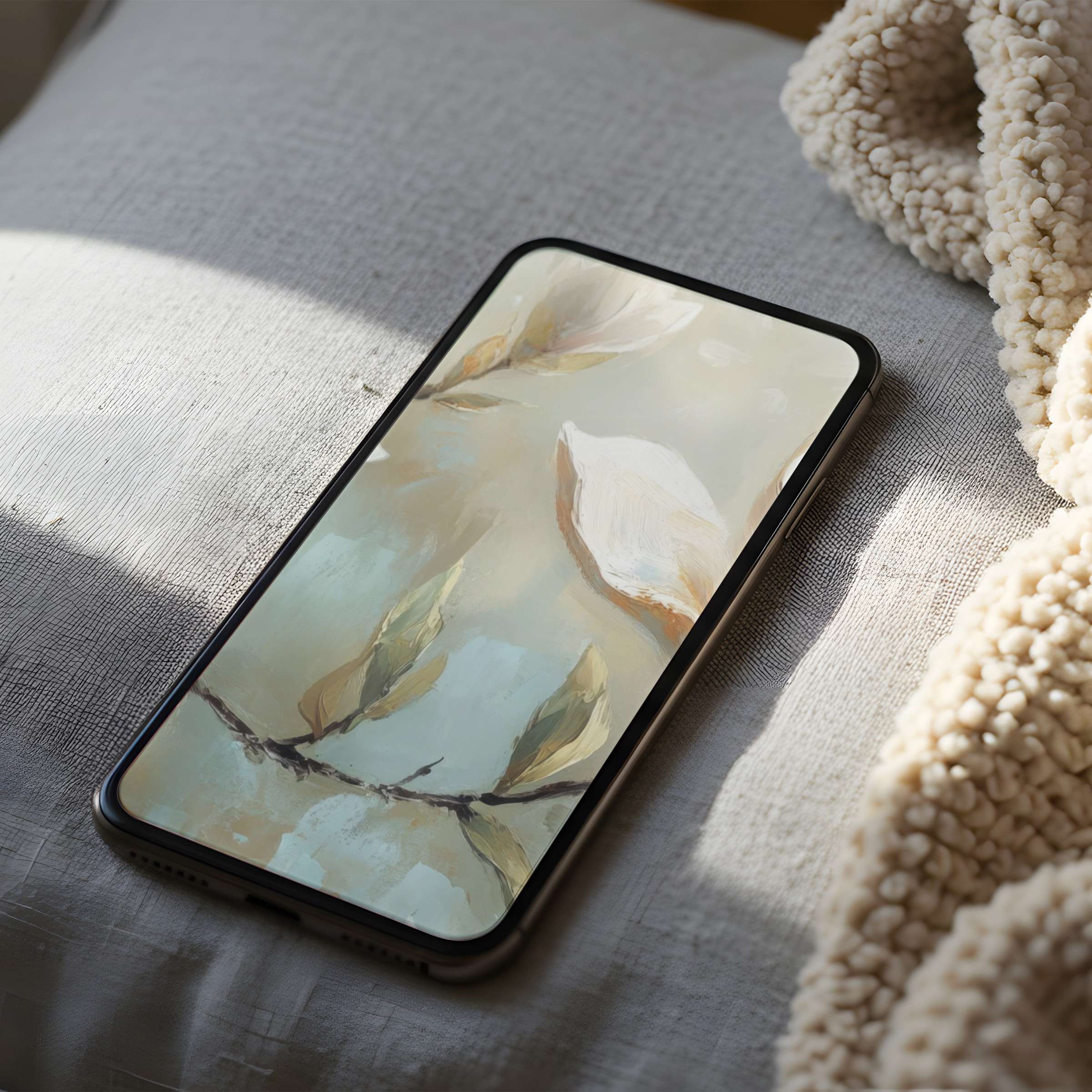 Elegant phone wallpaper featuring soft botanical motifs in pastel tones creates a serene artistic ambiance high resolution download