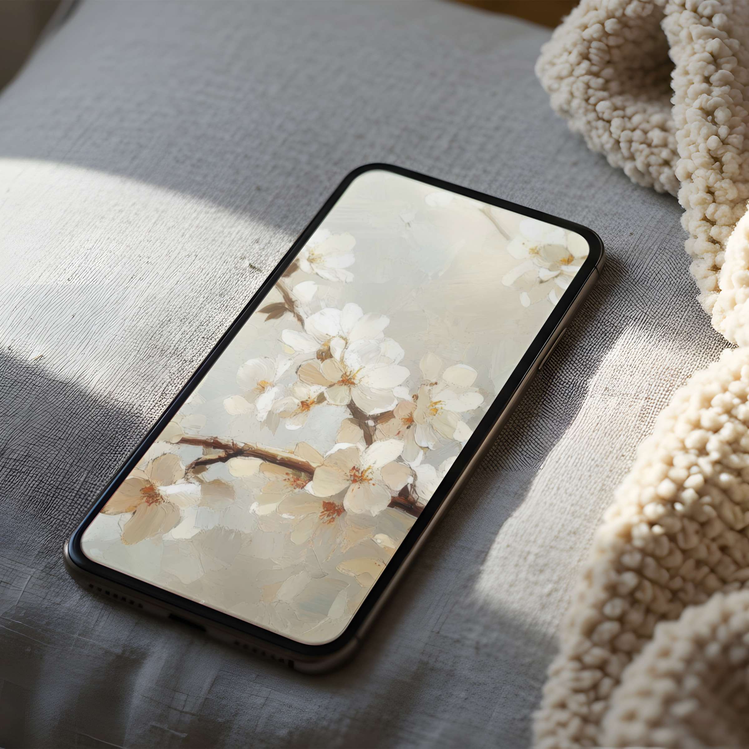 Tranquil phone wallpaper with delicate white blossoms against soft hues offers high resolution digital download for iPhone and Android users