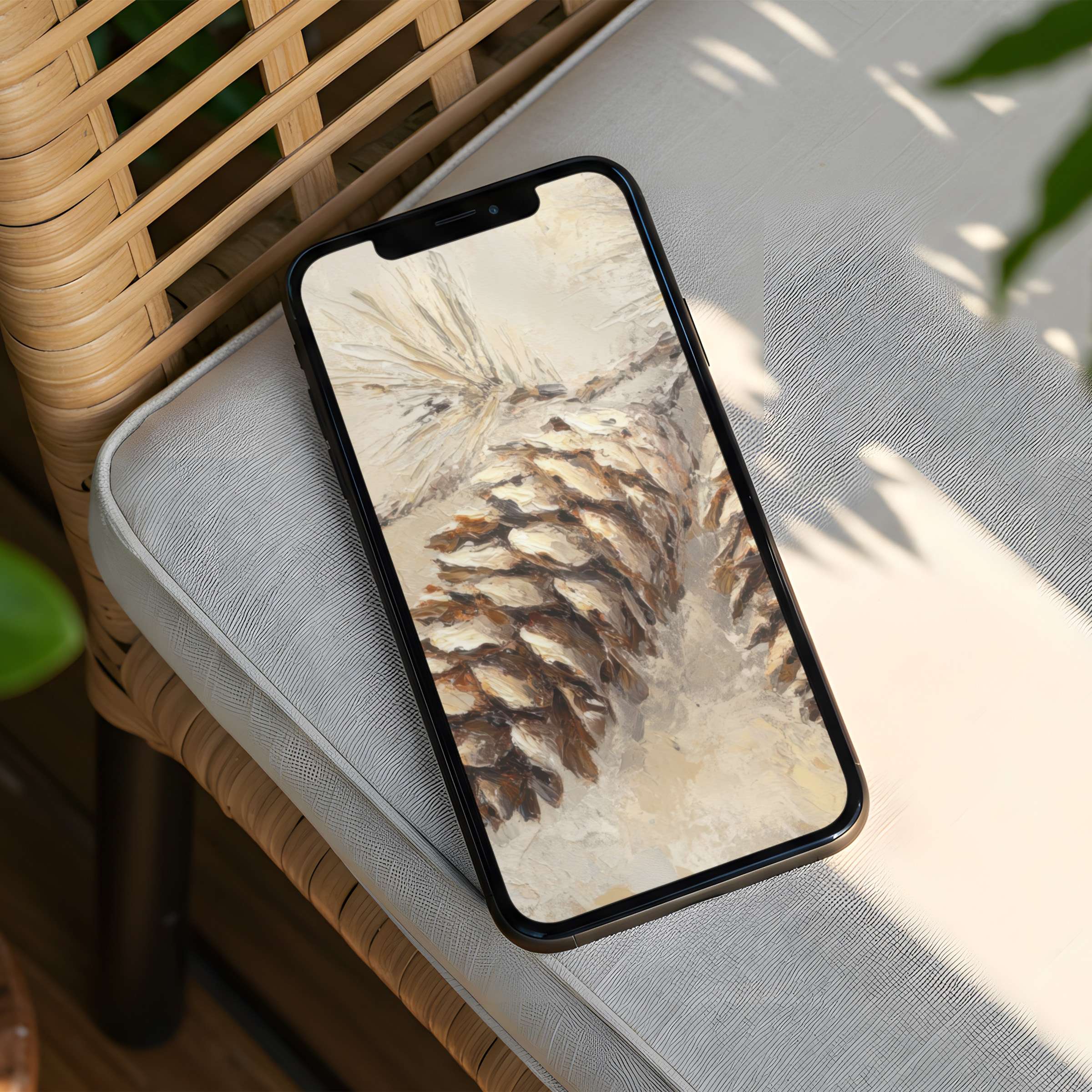 Elegant iPhone background featuring serene pinecone art for calm and mindful phone aesthetics instant download available