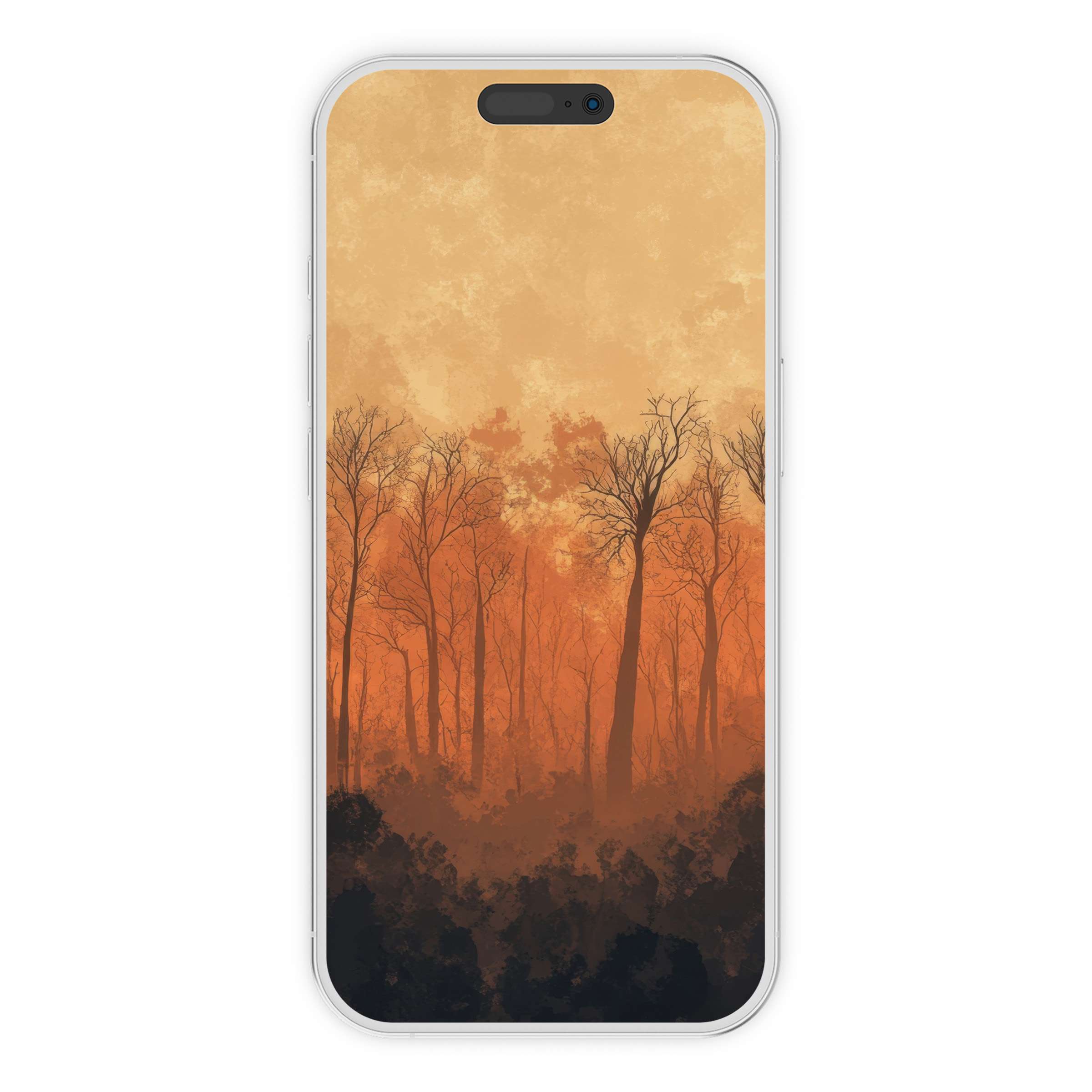 Elegant tree iPhone wallpaper with an orange mist background, perfect phone digital download for calming nature aesthetics