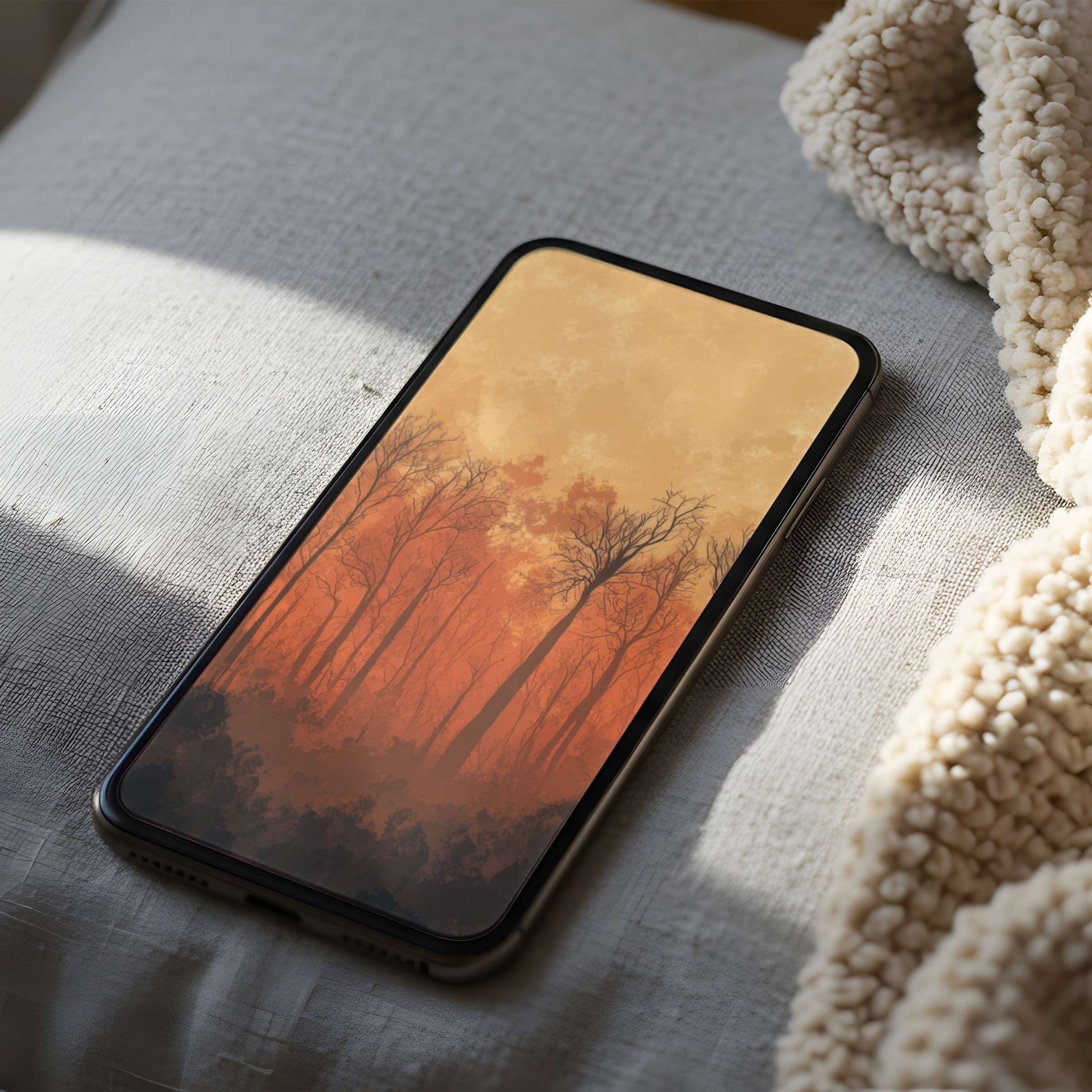 Calm autumn forest phone wallpaper in rich orange tones, high resolution for iPhone and Android, perfect digital download