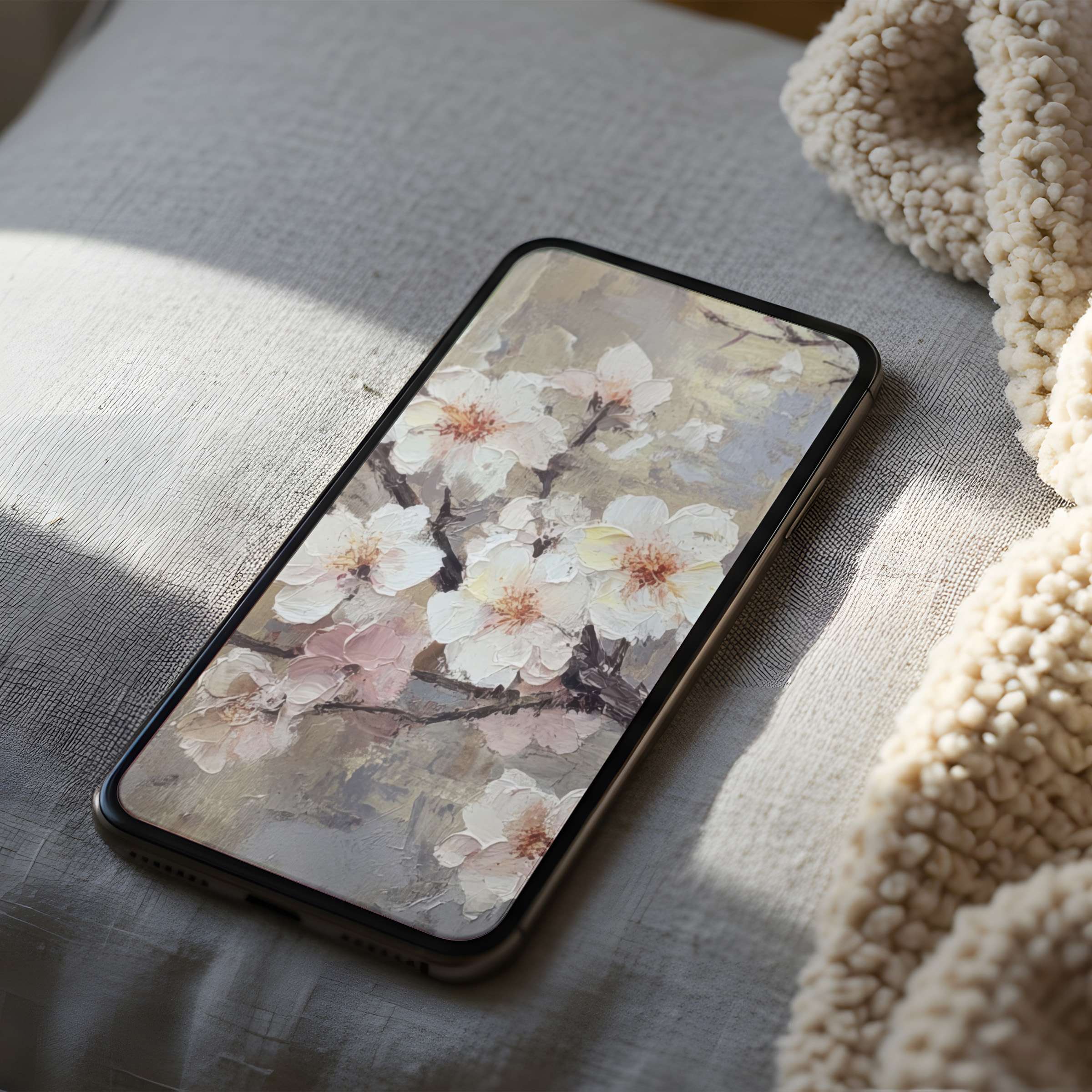 Elegant cherry blossom phone wallpaper on a cozy, textured surface offering calm aesthetics, high resolution for iPhone and Android users