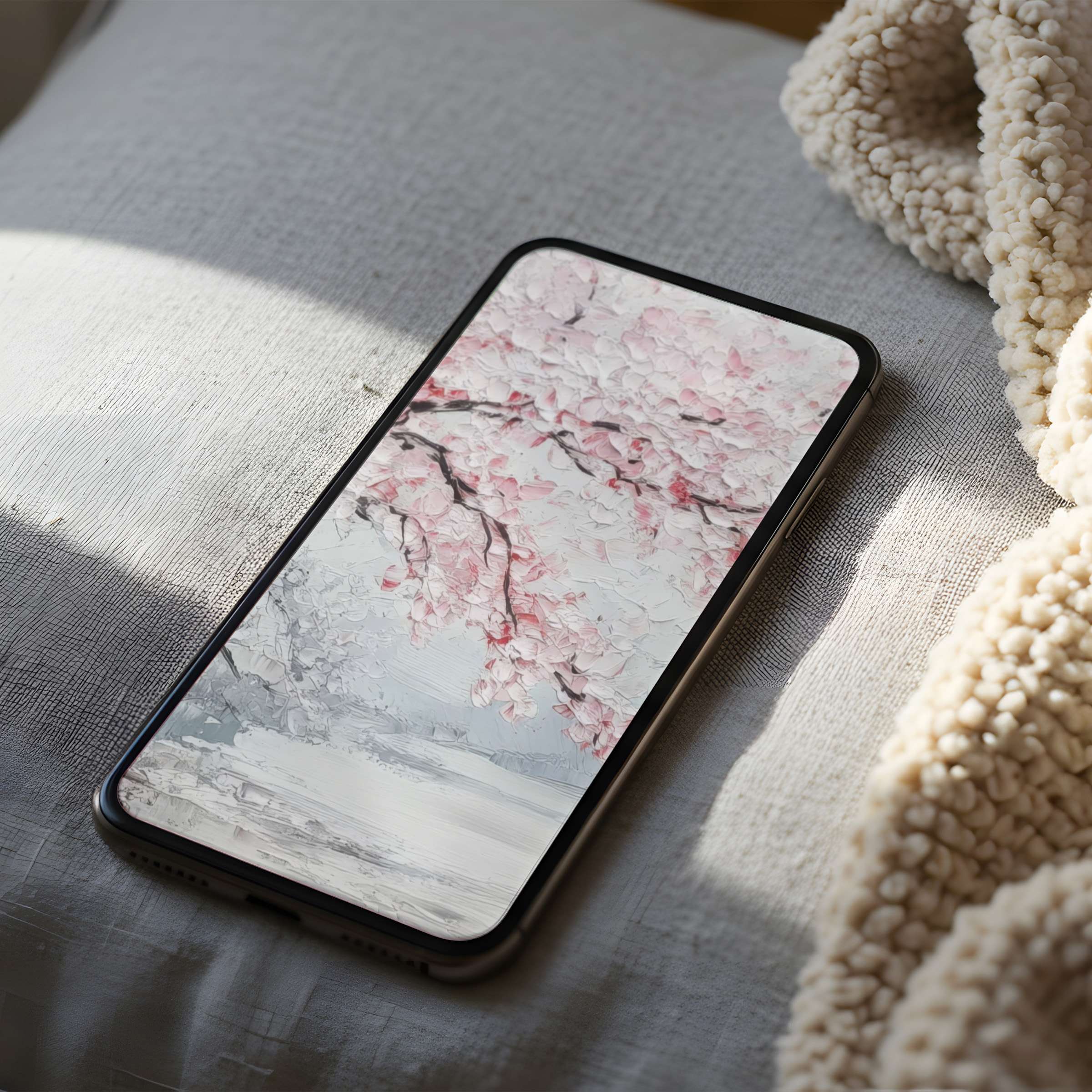 Elegant phone wallpaper with pink blossoms on a high-resolution iPhone screen, perfect digital download for a serene aesthetic