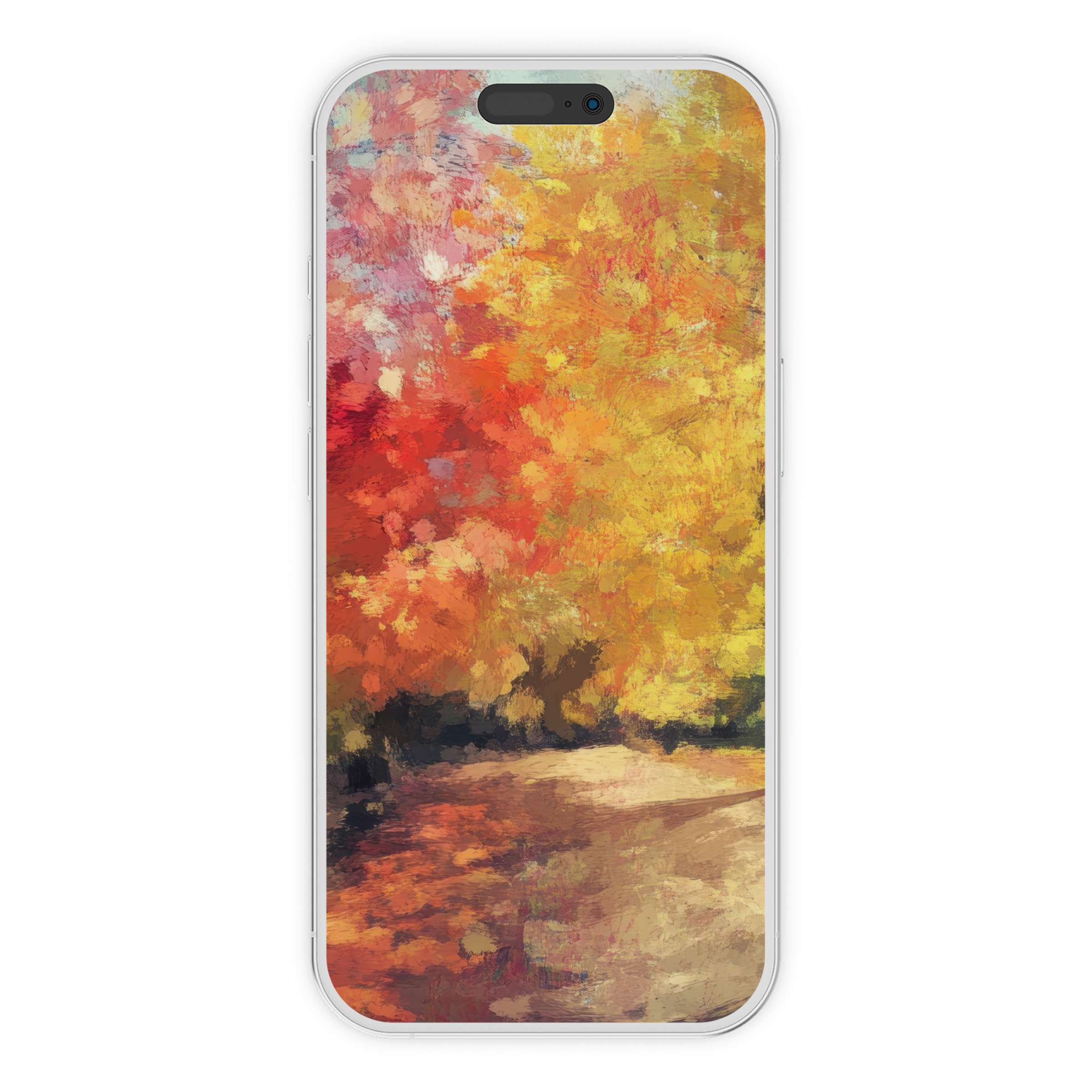 Vibrant autumn tree iPhone wallpaper capturing warm reds and yellows for an elegant phone background digital download suitable for Android