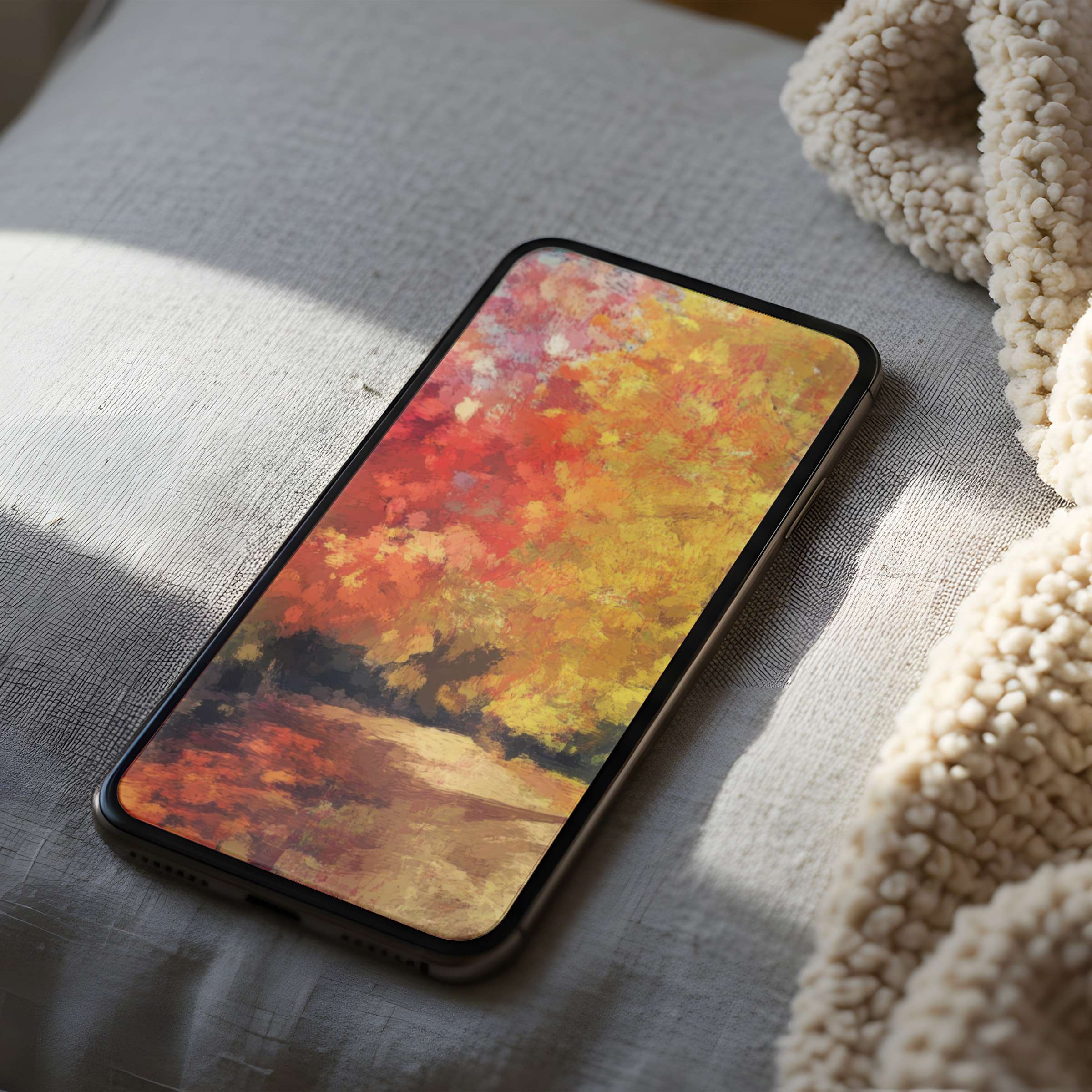 Elegant phone wallpaper featuring vibrant autumn foliage in high resolution on a cozy bed setting suitable for iPhone download