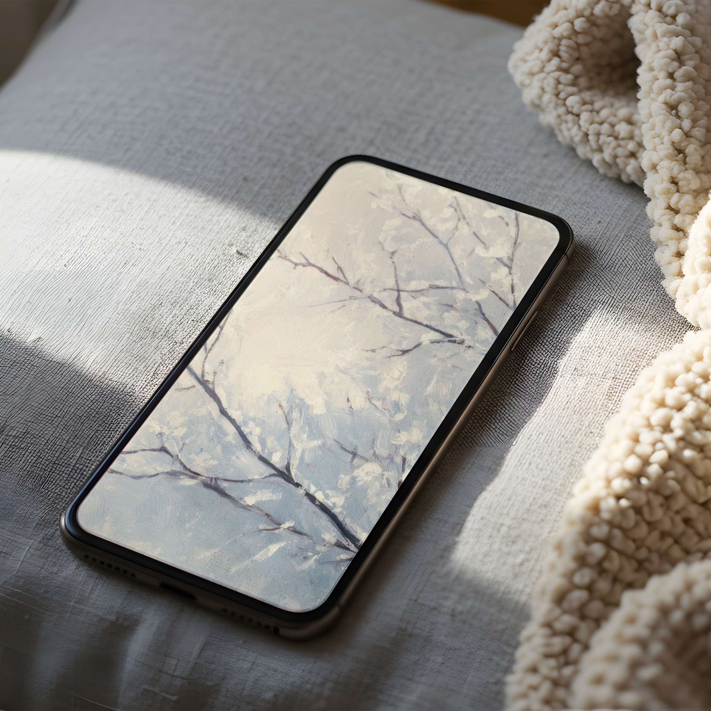 Elegant phone wallpaper featuring serene branches in soft pastels, perfect for iPhone and Android, offering high-resolution digital download