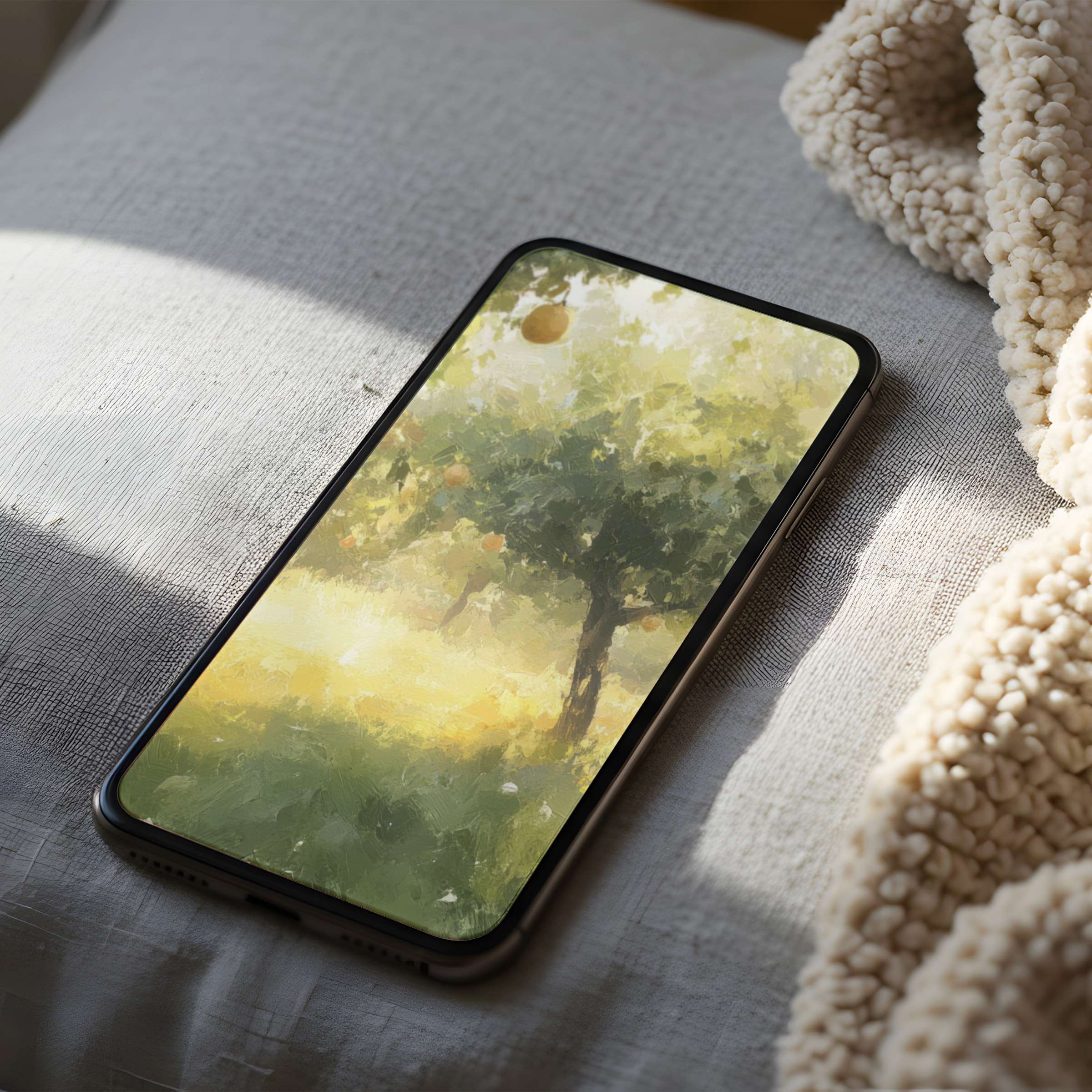 Calming phone wallpaper with serene tree in soft green hues, perfect for iPhone and Android, available as a high-resolution digital download