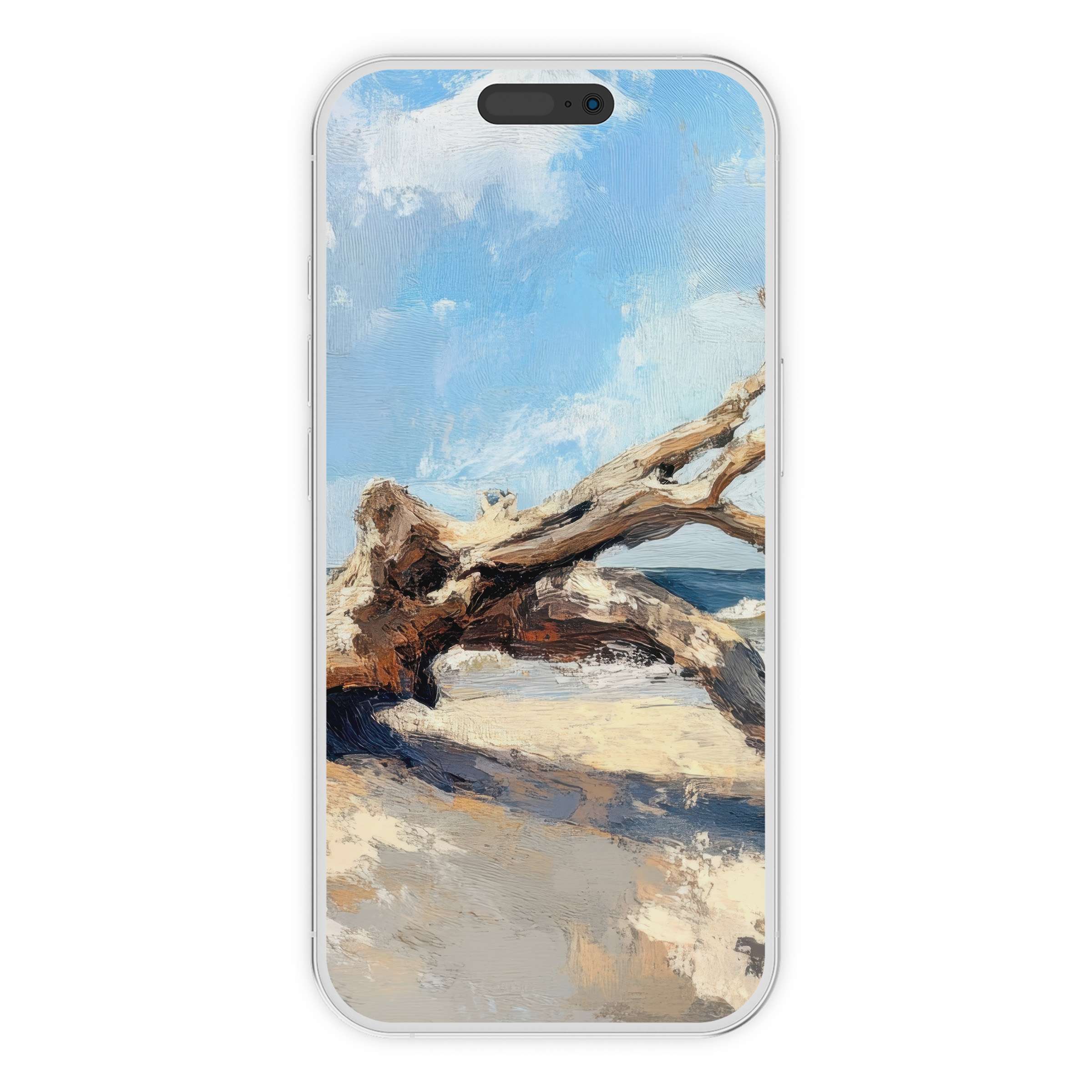 Calming beach scene featuring driftwood under a blue sky as a tree iPhone wallpaper digital download suitable for phone background