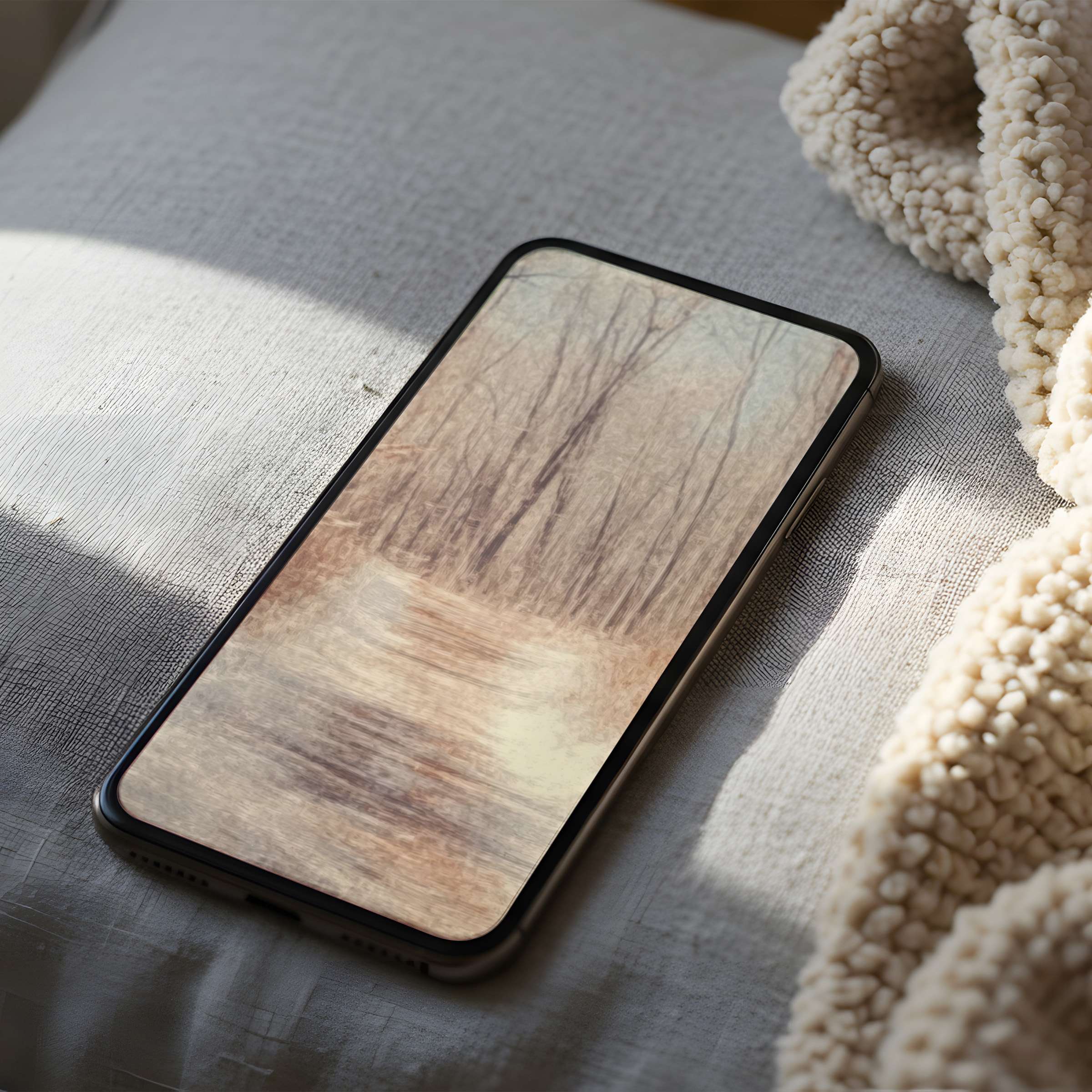 Elegant phone wallpaper featuring serene winter landscape in soft hues, perfect for iPhone and Android, available as digital download