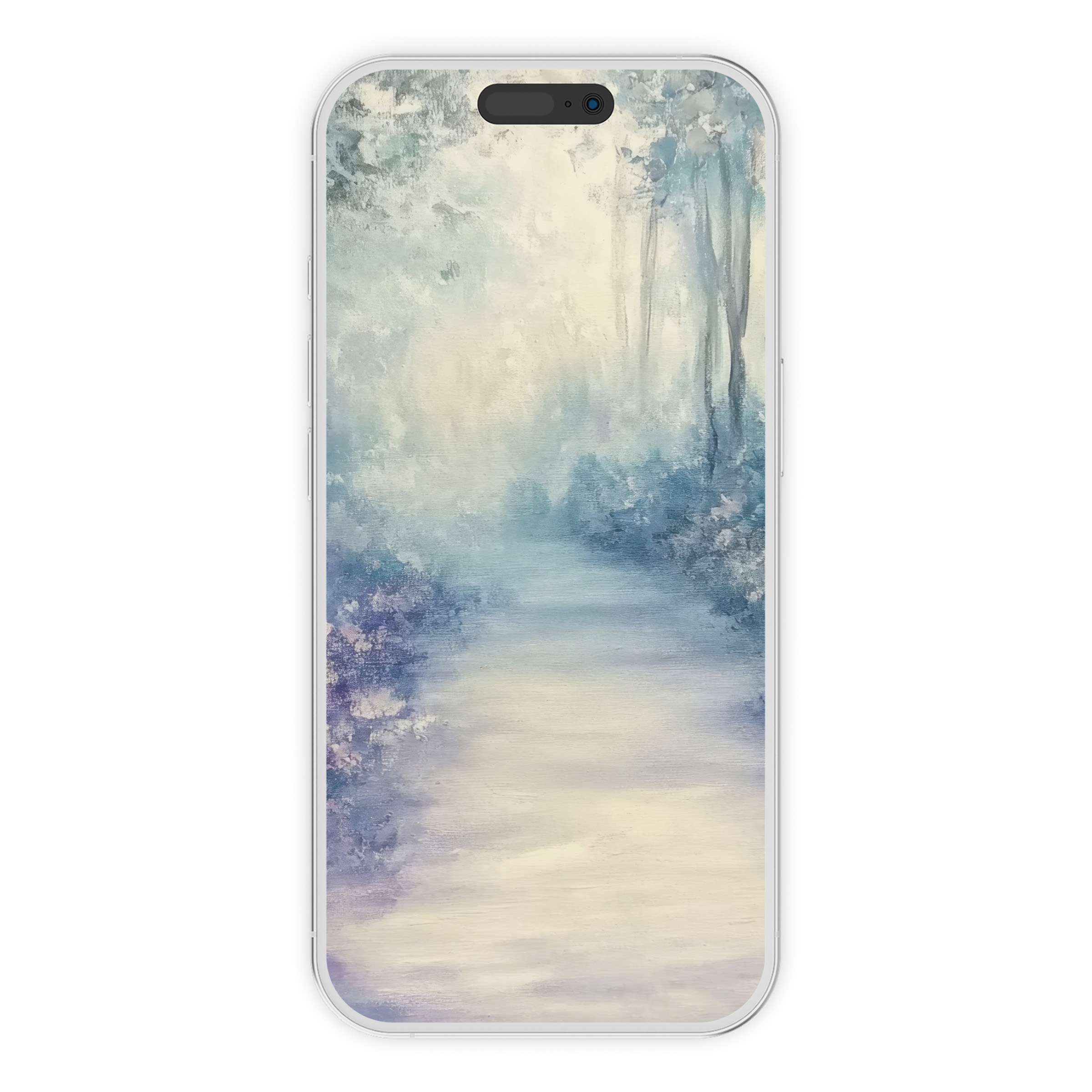 Serene pastel forest path painted in soft blues and whites, creating an elegant, calm tree iPhone wallpaper digital download background for any phone