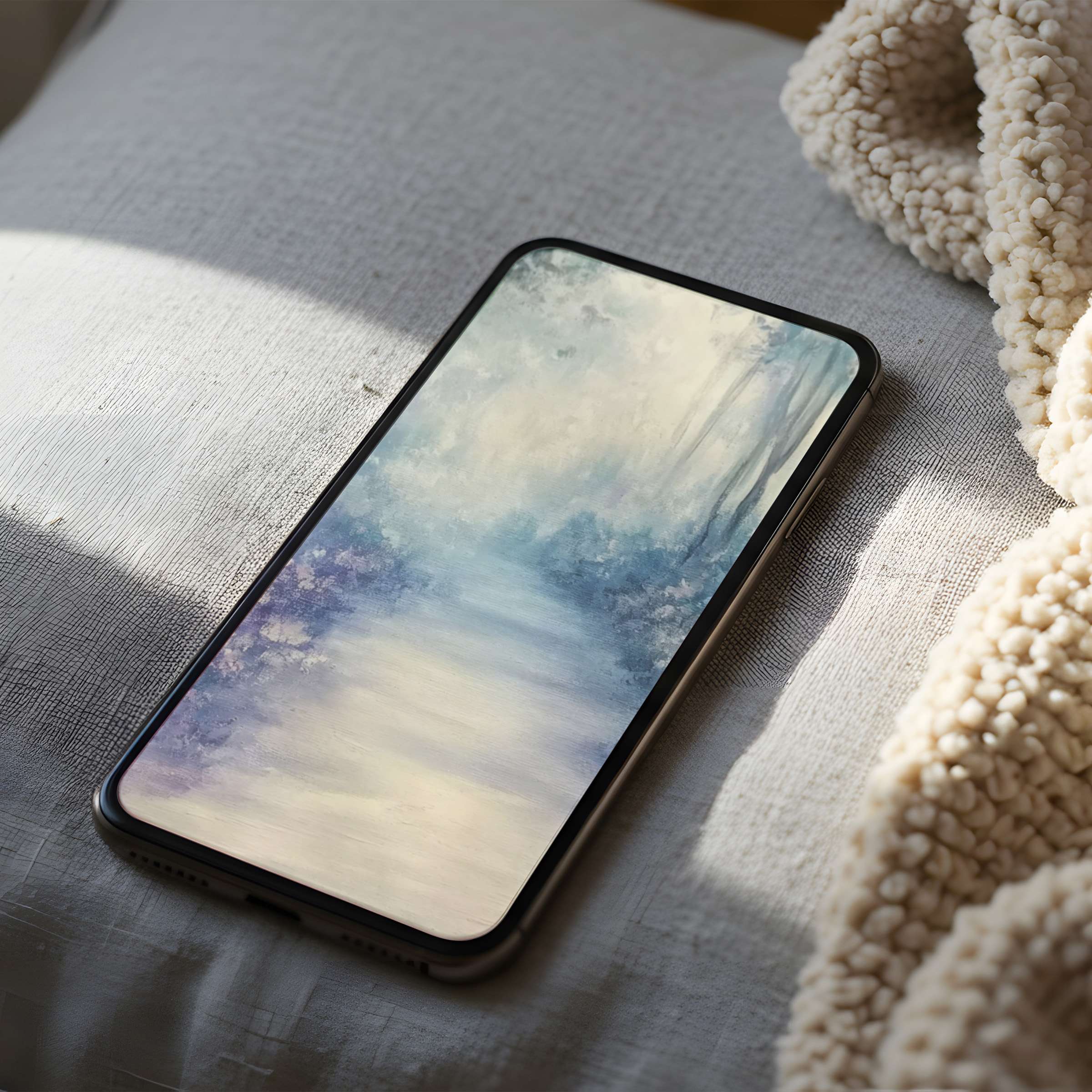 Serene phone wallpaper in soft blues and creams evokes tranquility, perfect for iPhone and Android users seeking a high resolution digital download