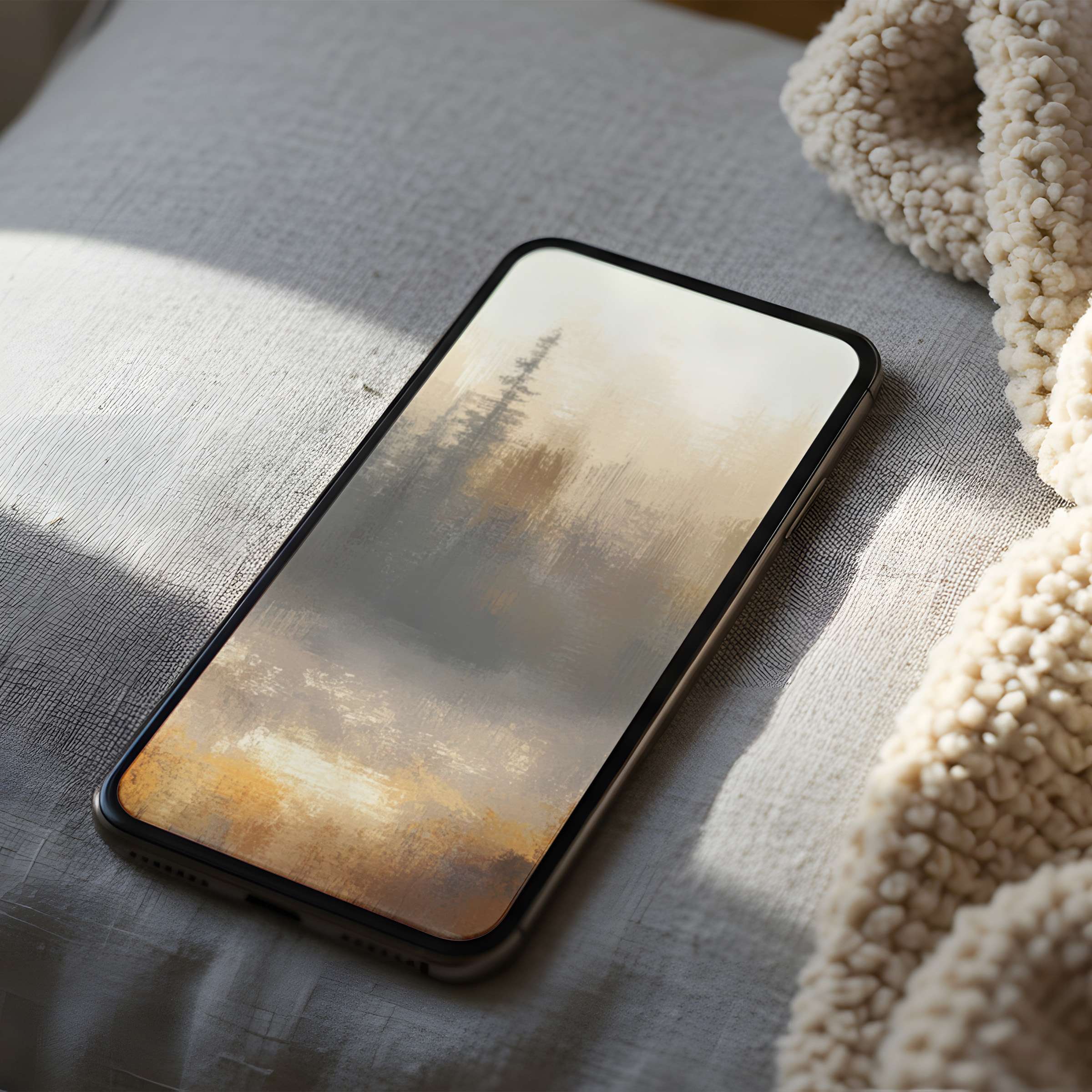 Elegant abstract landscape phone wallpaper in high resolution featuring soft earth tones and misty forest motif perfect for digital download