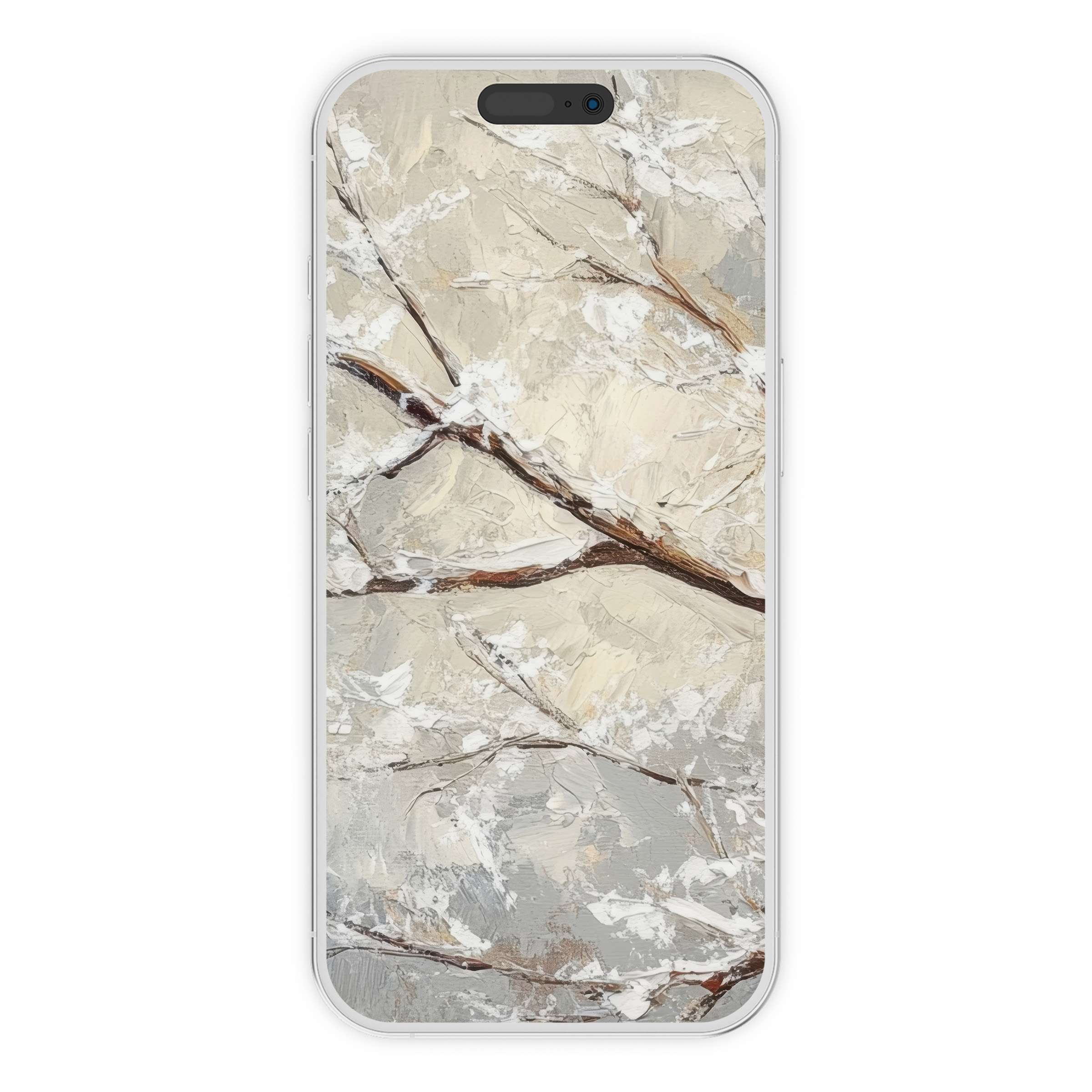 Elegant tree iPhone wallpaper with textured branches and subtle snowy hues for digital download phone background artistry