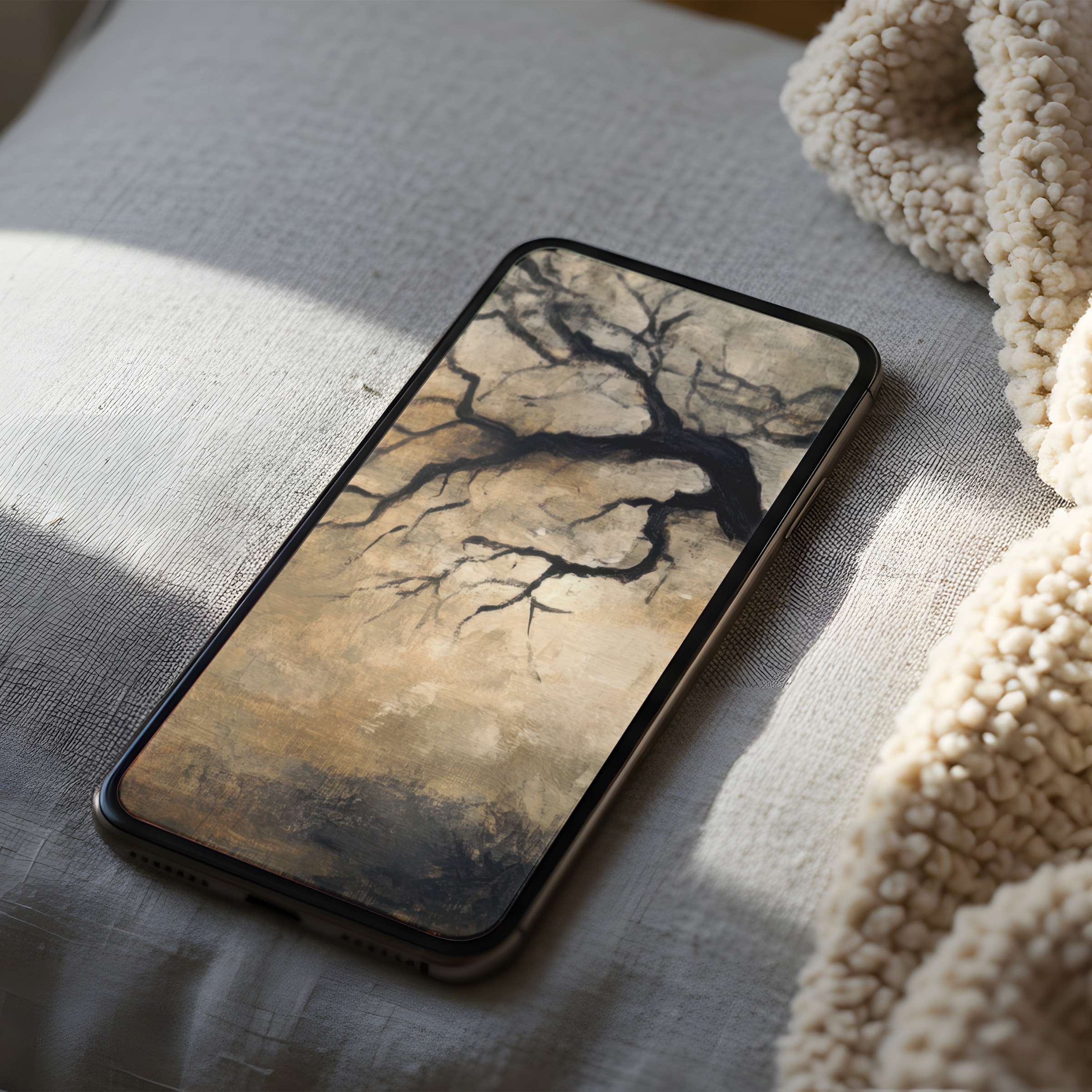 Serene abstract tree design for this high-resolution phone wallpaper enhances your iPhone or Android with timeless elegance and calm