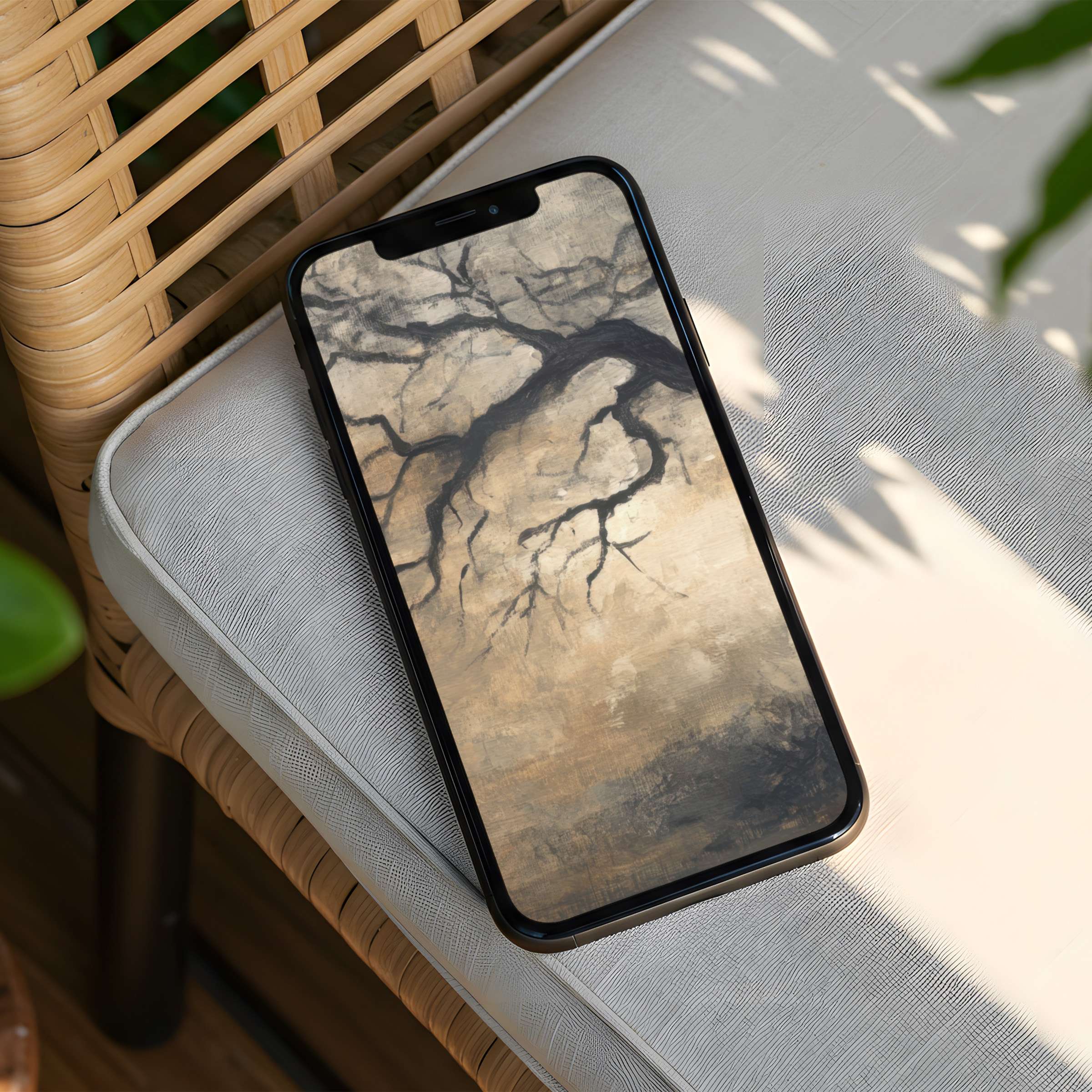 Elegant iPhone background with serene abstract tree branches in soft earth tones for instant download fits any phone screen