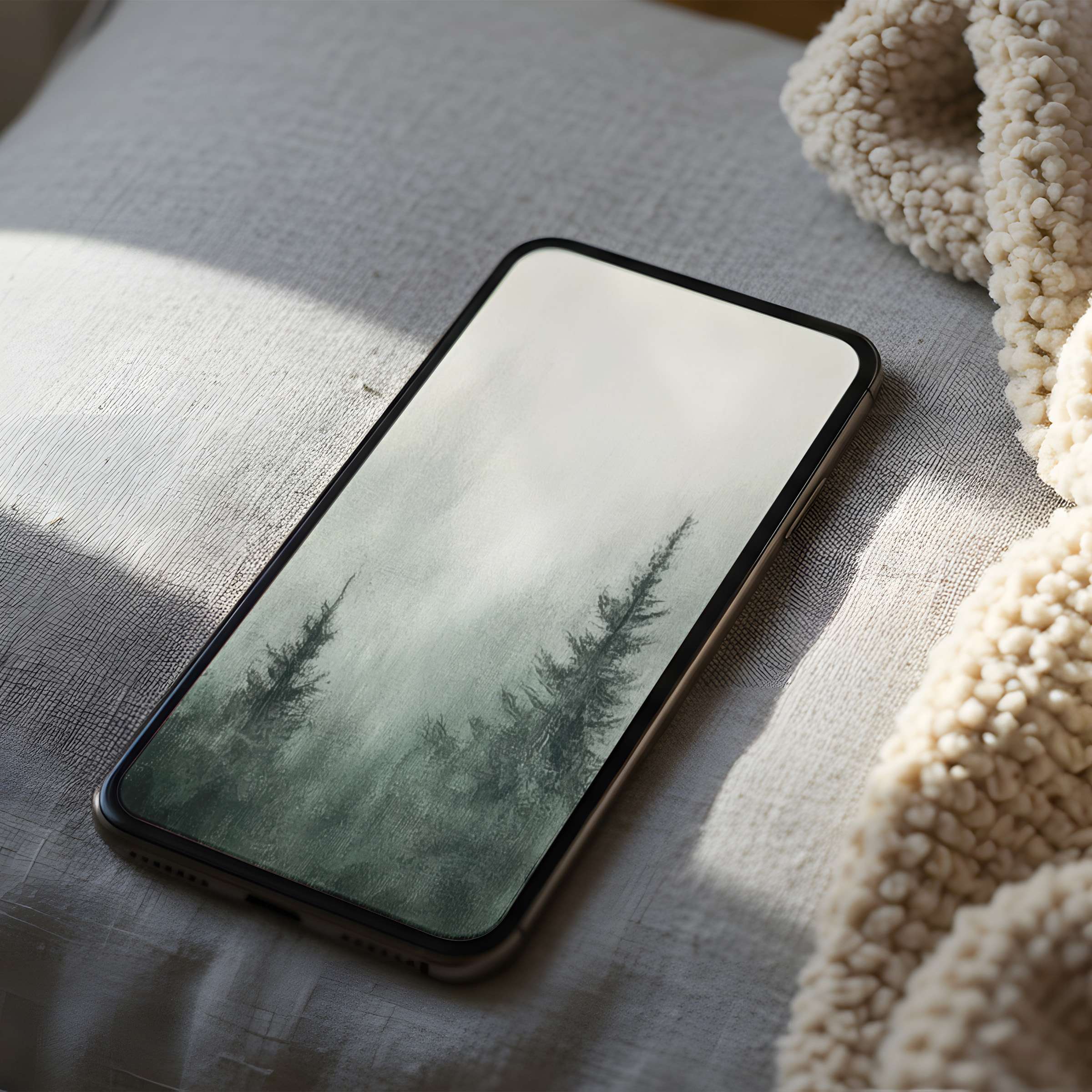 Serene forest phone wallpaper with muted green tones offering high resolution digital download for iPhone and Android tranquility