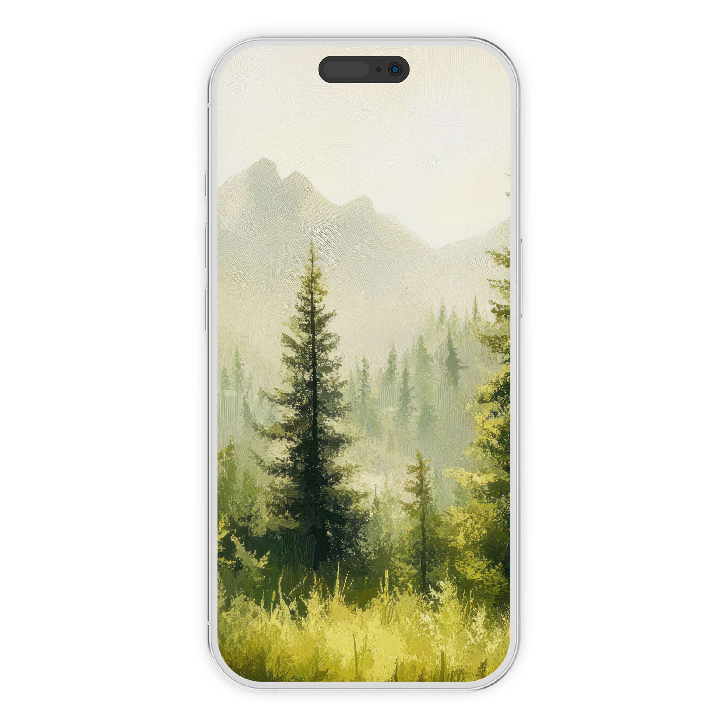 Calming digital download of a serene mountain landscape, this tree iPhone wallpaper fits any phone background beautifully