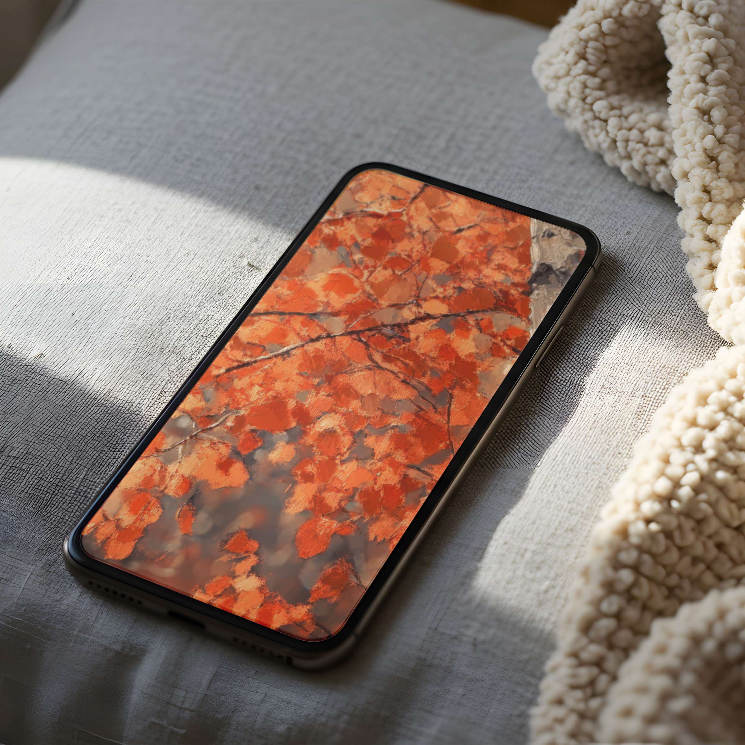 Elegant autumn foliage phone wallpaper in high resolution adorns a cozy setting, perfect for iPhone and Android, offering serene beauty