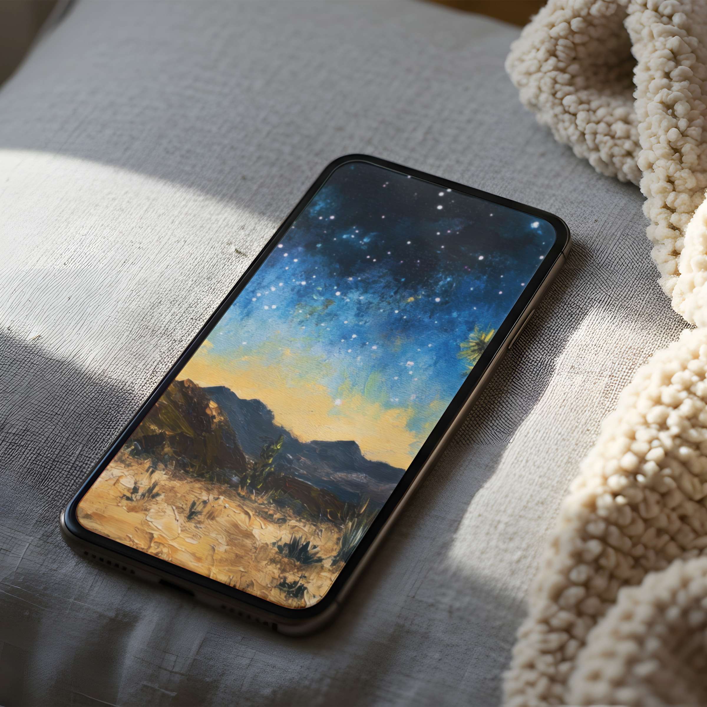 Starry night landscape phone wallpaper on iPhone evokes tranquility and elegance ideal for both Android and iPhone digital download