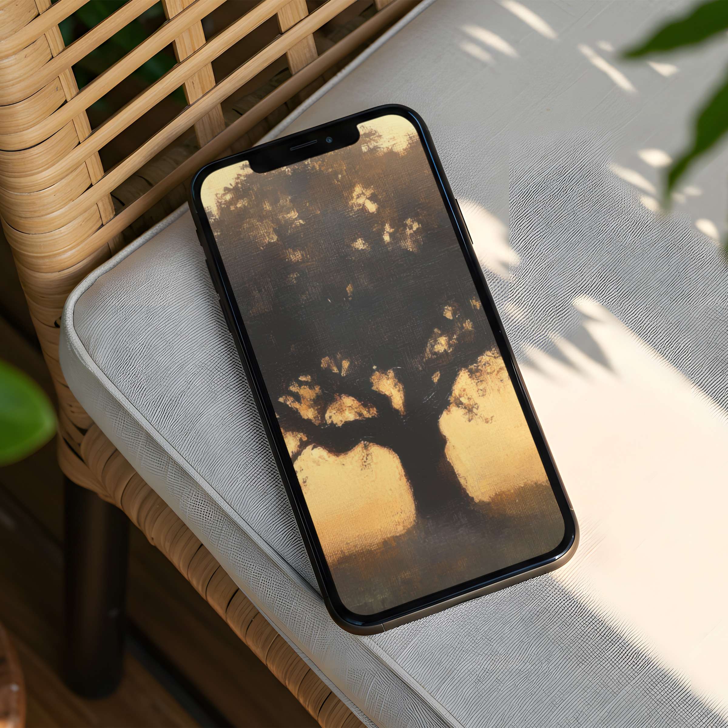 Serene tree silhouette on iPhone background exudes calm elegance; instant download for phone adds inspiration and mindful beauty