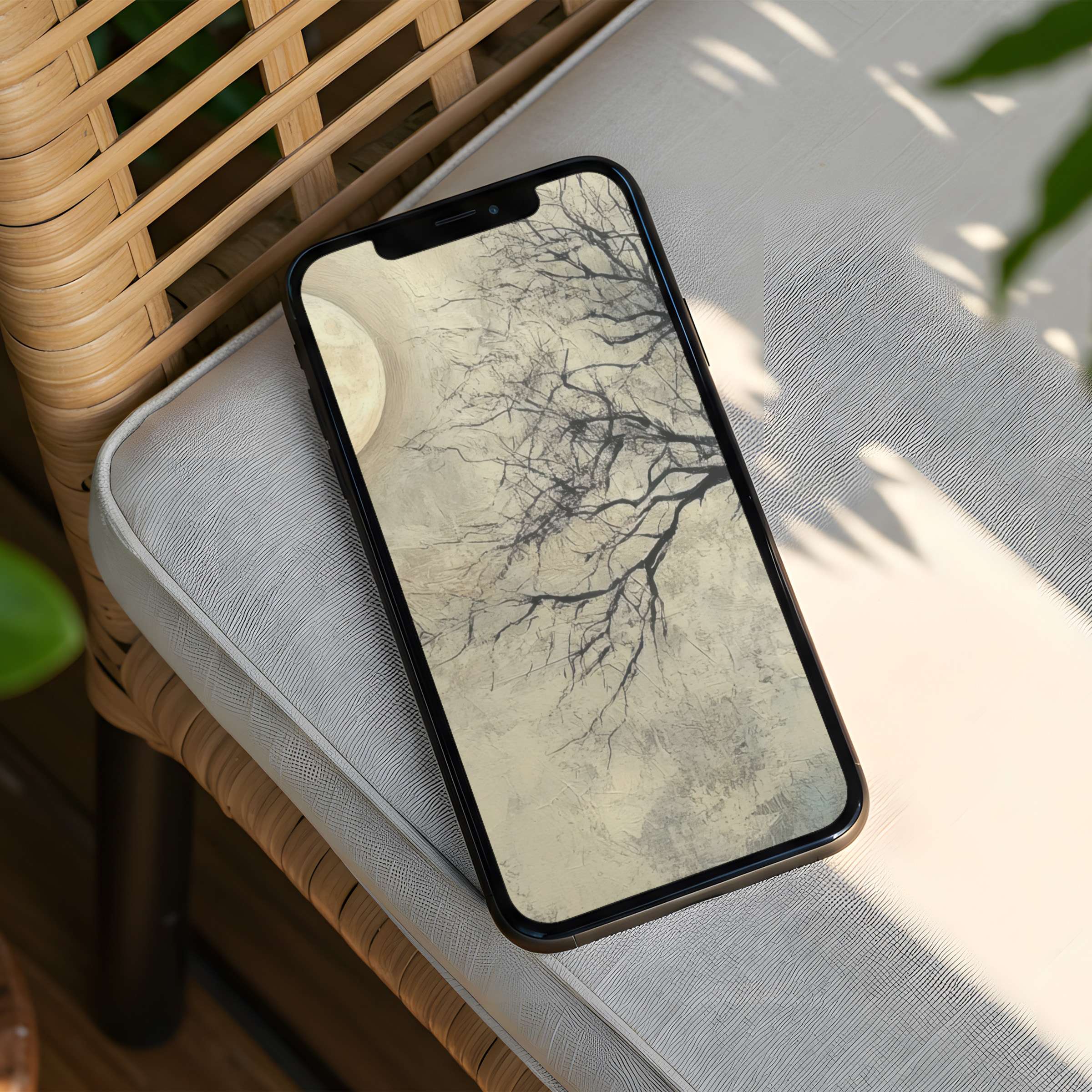 Tranquil iPhone background featuring bare branches against a serene moonlit texture offers instant download for your phone's elegance