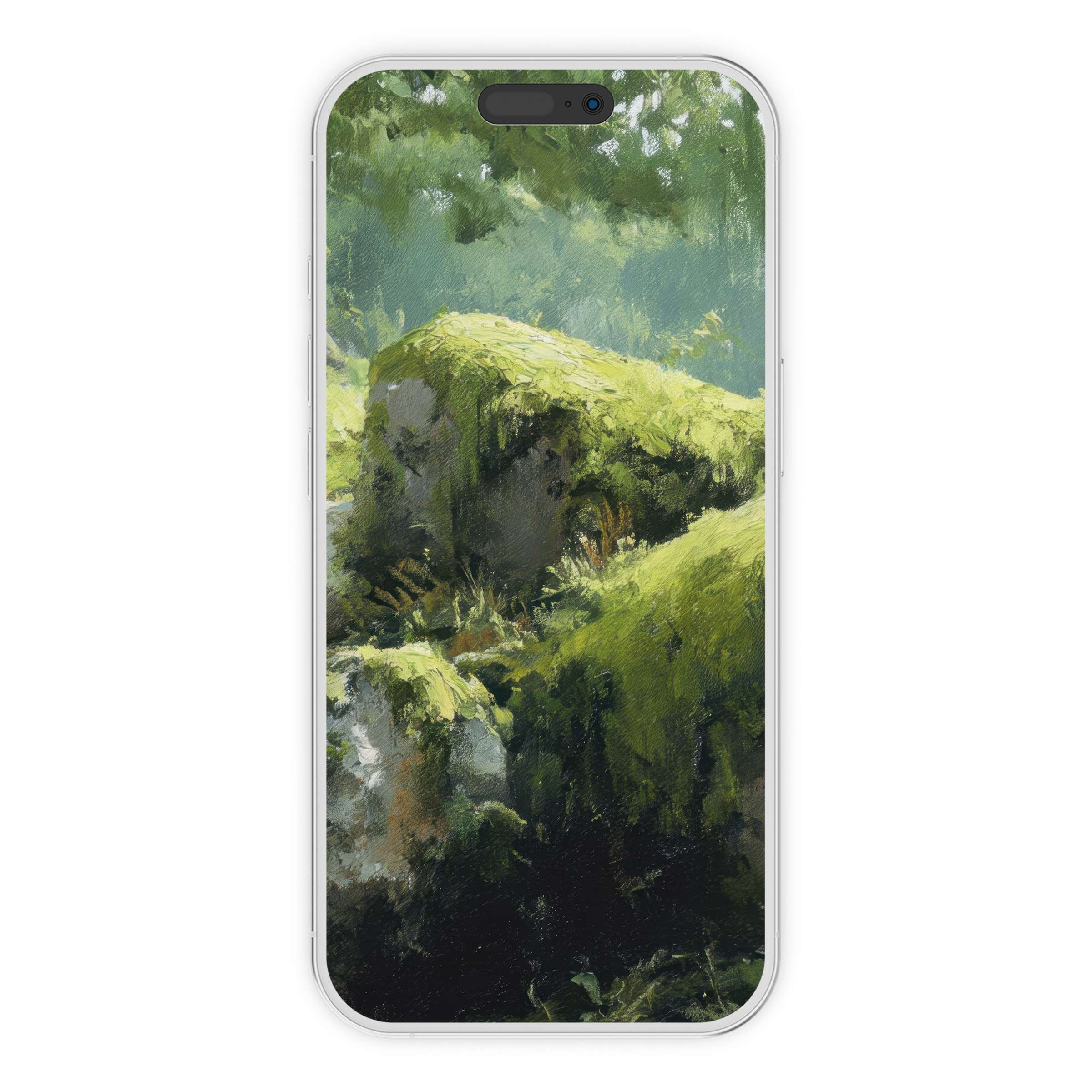 Lush green moss covers stones on this tree iPhone wallpaper, offering a serene phone background digital download for peaceful elegance