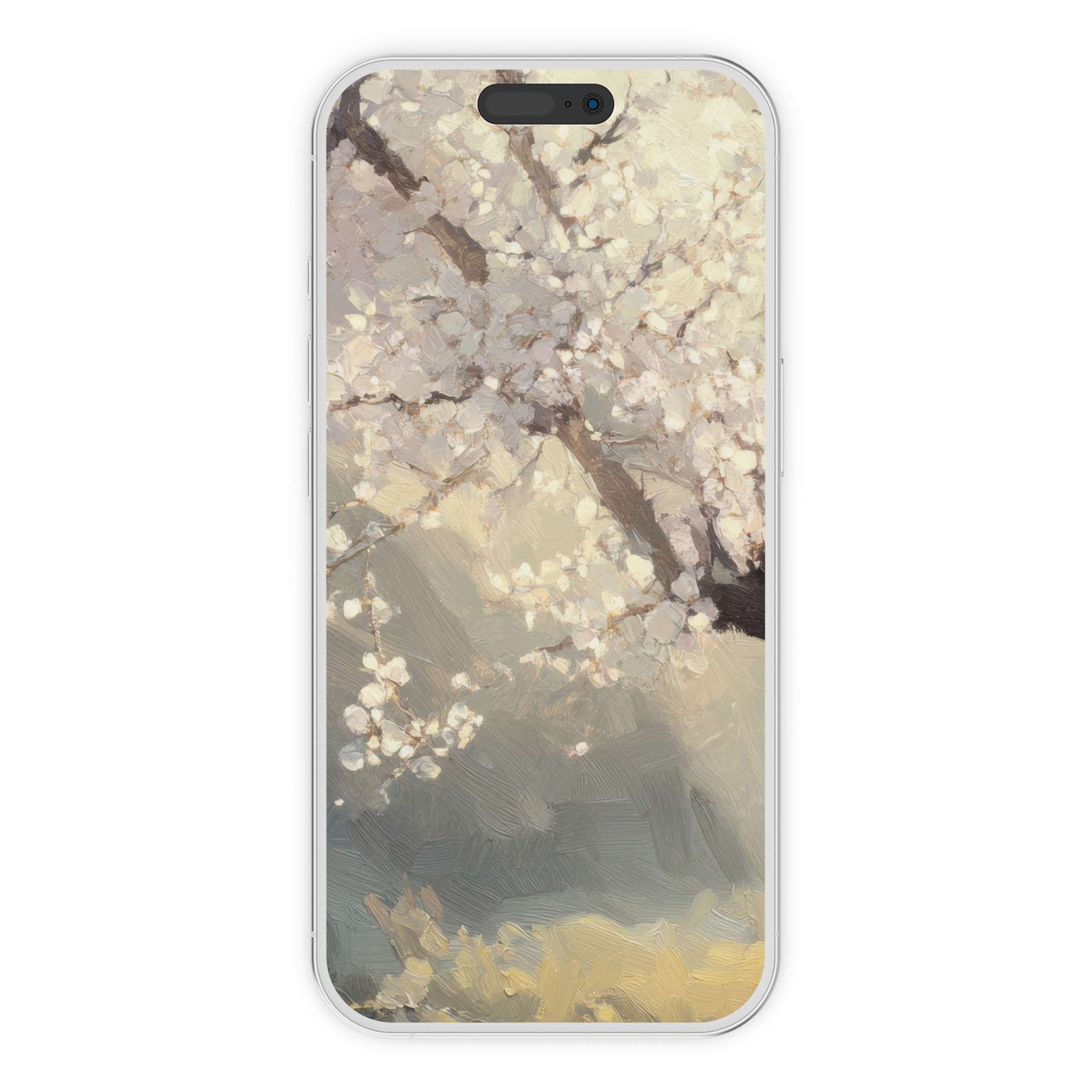 Digital download tree iPhone wallpaper featuring serene pastel blossoms, perfect phone background for elegant calm on Android devices