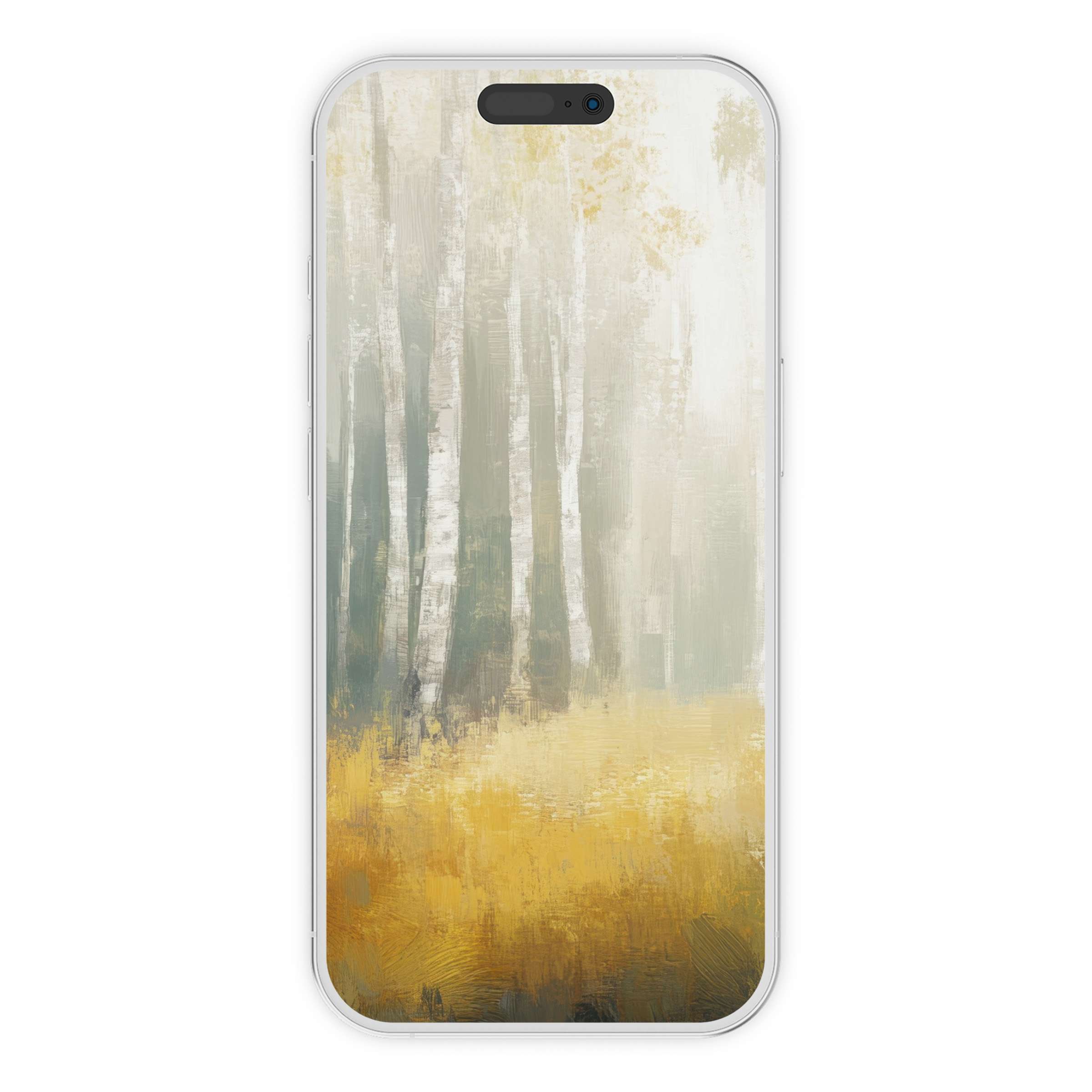 Elegant tree iPhone wallpaper featuring serene birch forest art with soft yellows and grays, perfect digital download for phone background
